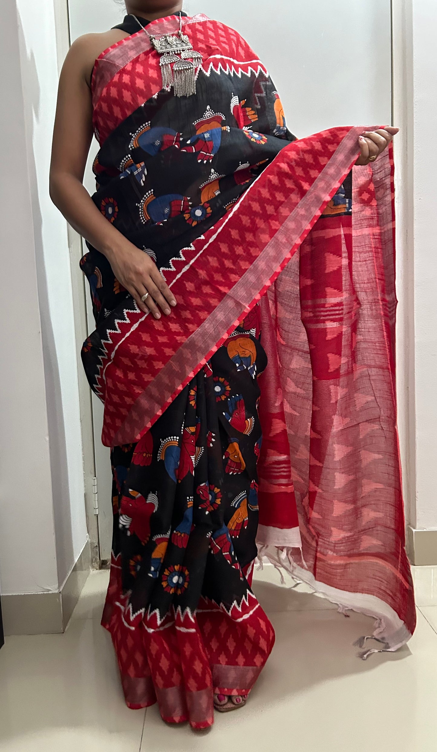 Bagru Block Print Linen Cotton Saree with Silver Border