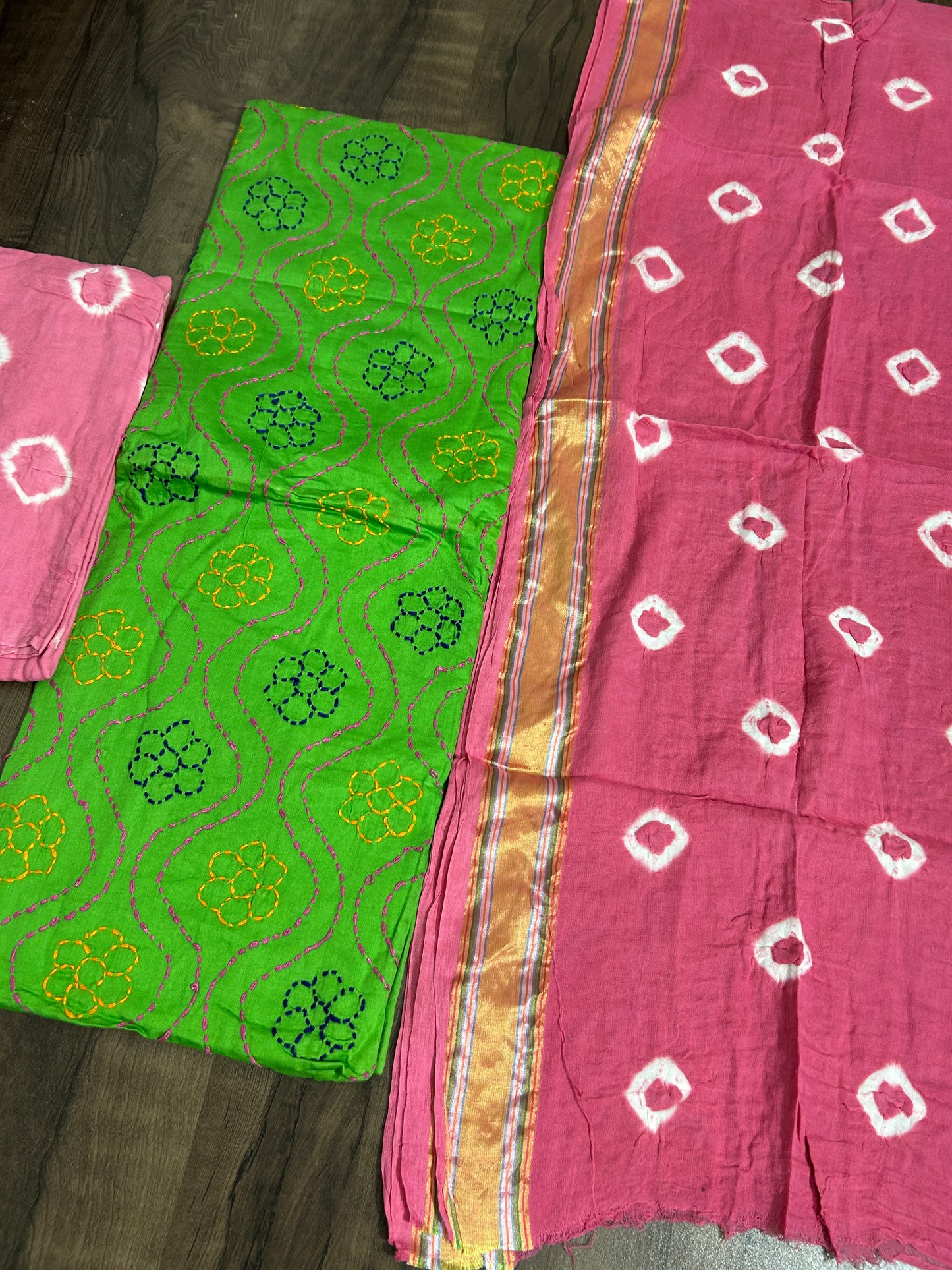 Embroidered Cotton Bandhej Dress Material