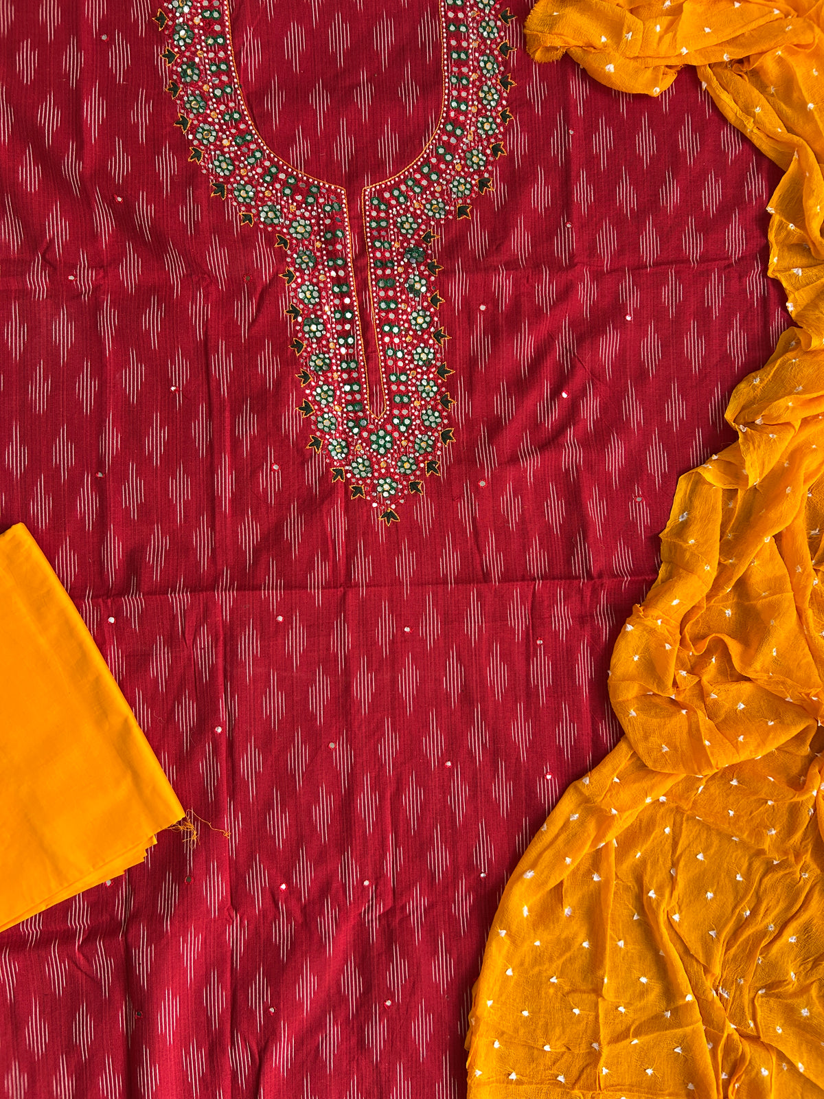 Mirror work Ikat Cotton Dress Material with Pure Chiffon Dupatta