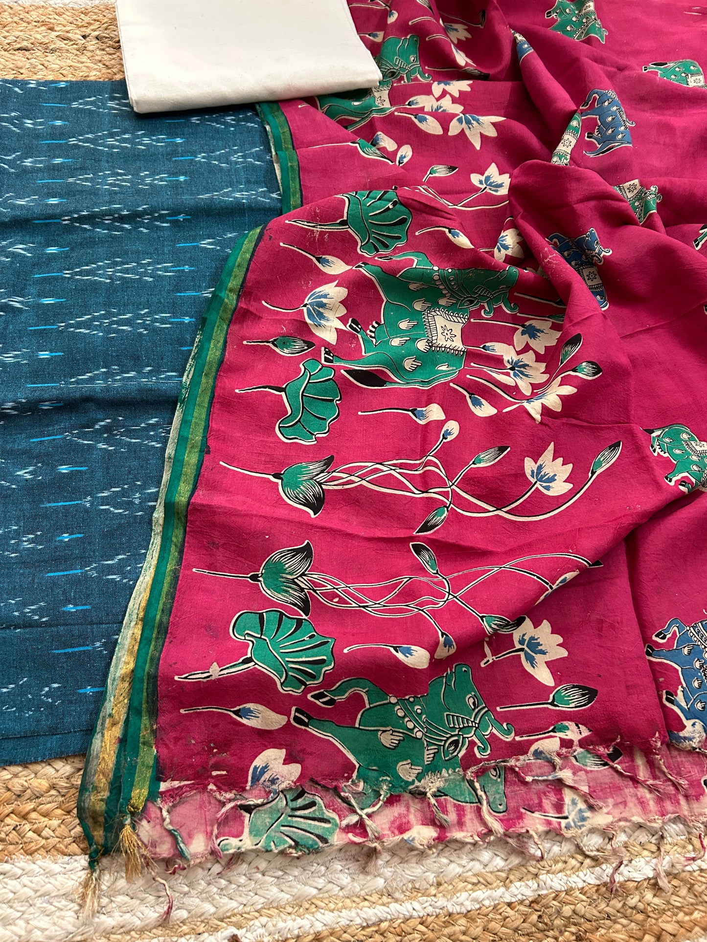 Ikat cotton dress material with kalamkari silk dupatta