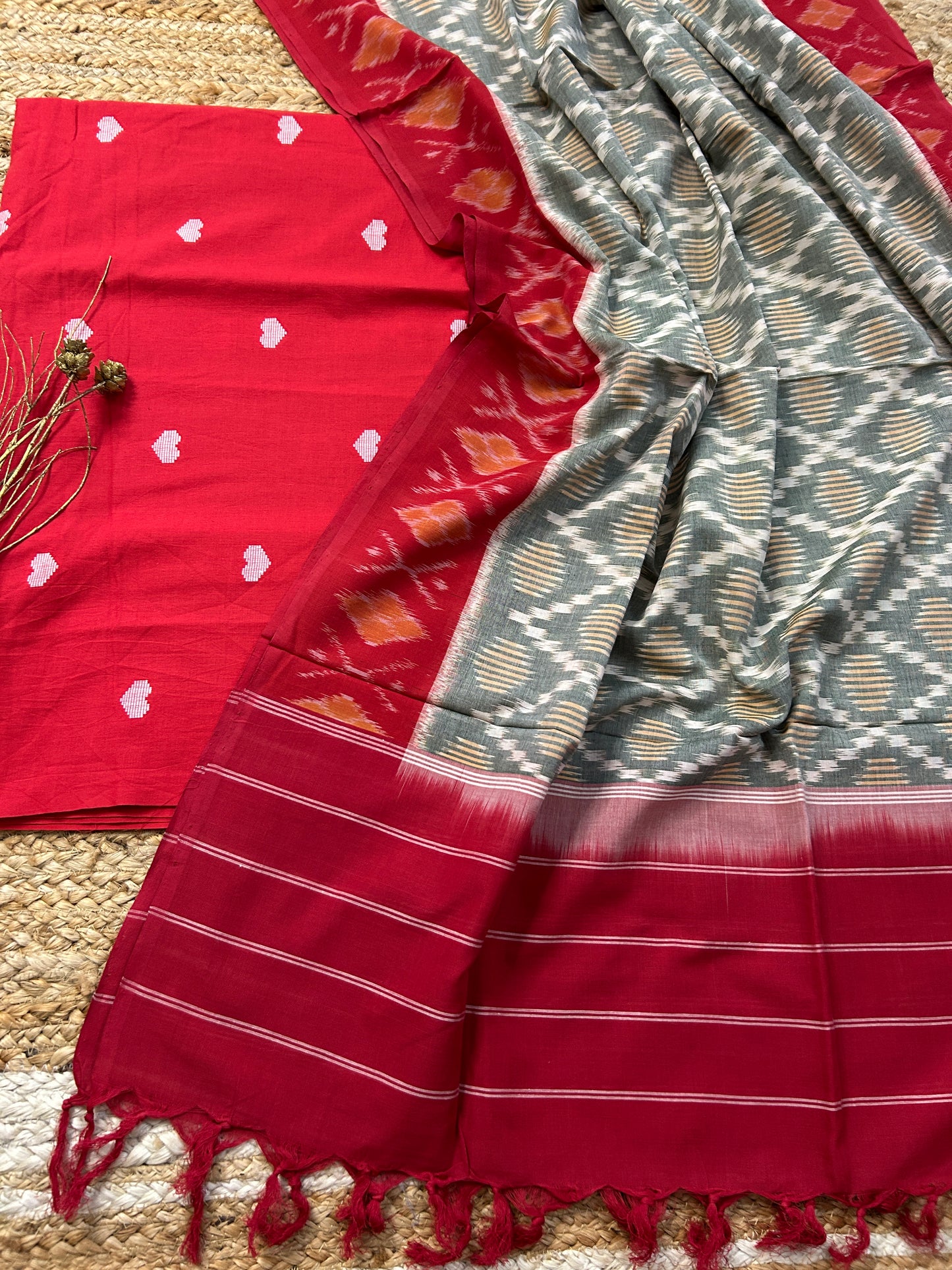 Handloom Cotton weaving booti Top with Ikat Cotton Dupatta