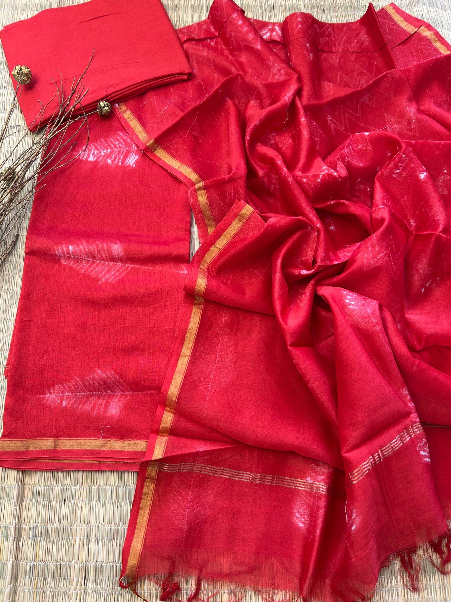 Needle Shibori Chanderi Silk Cotton Dress Material with Shantoon bottom