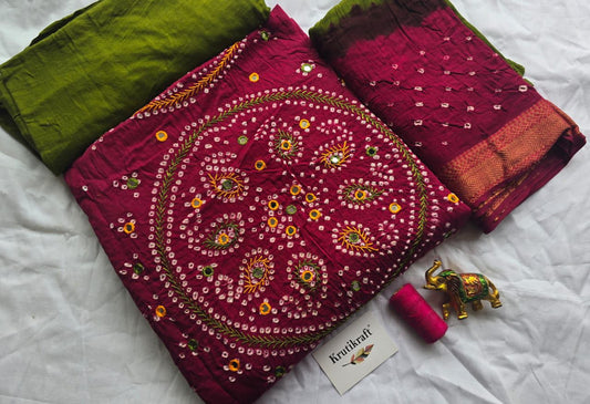 Bandhej HandWork and Mirror Work Cotton Dress Material