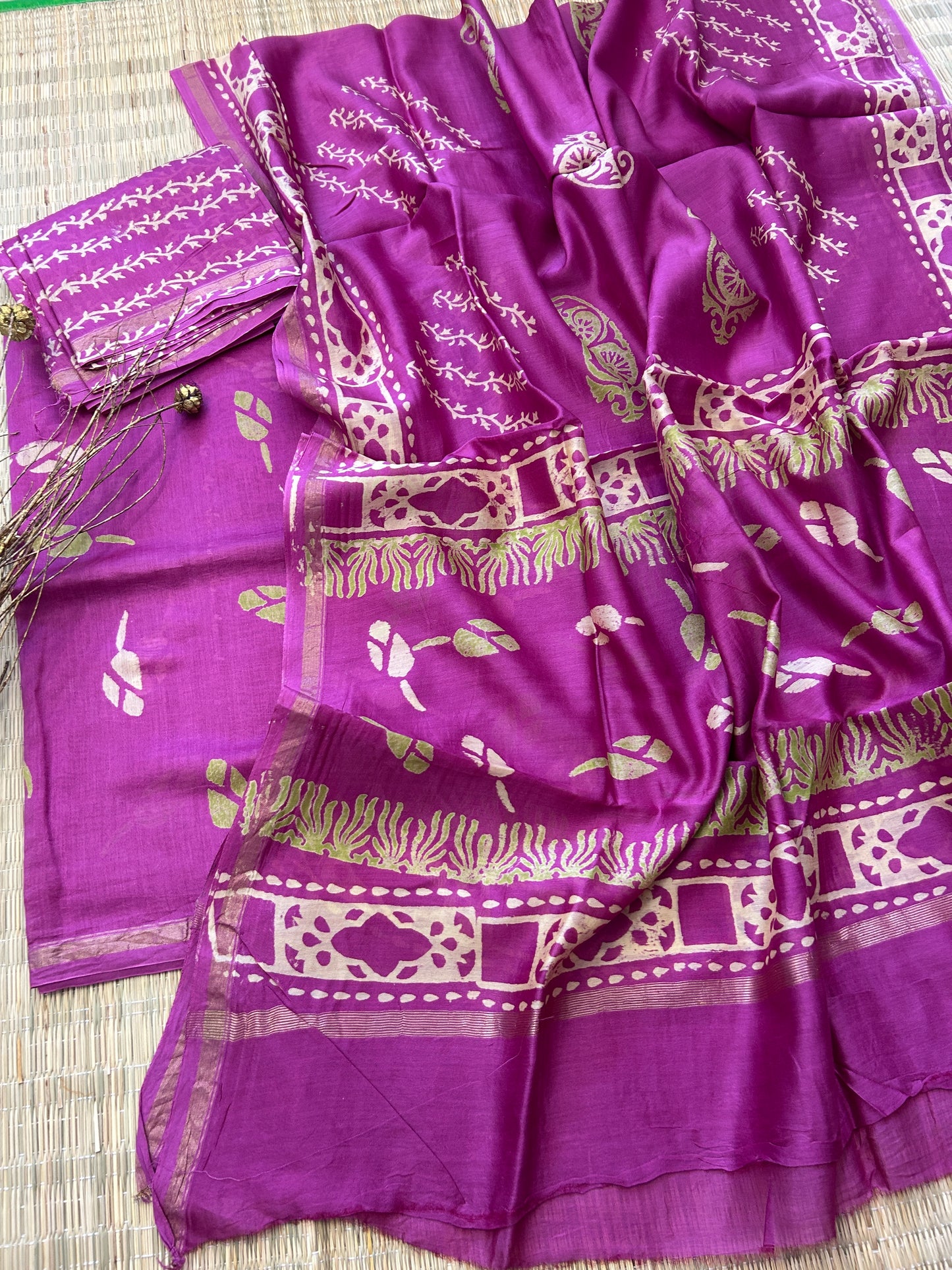 Hand Blockprint Chanderi 4 ply Pure Silk Dress Material with Chanderi silk bottom