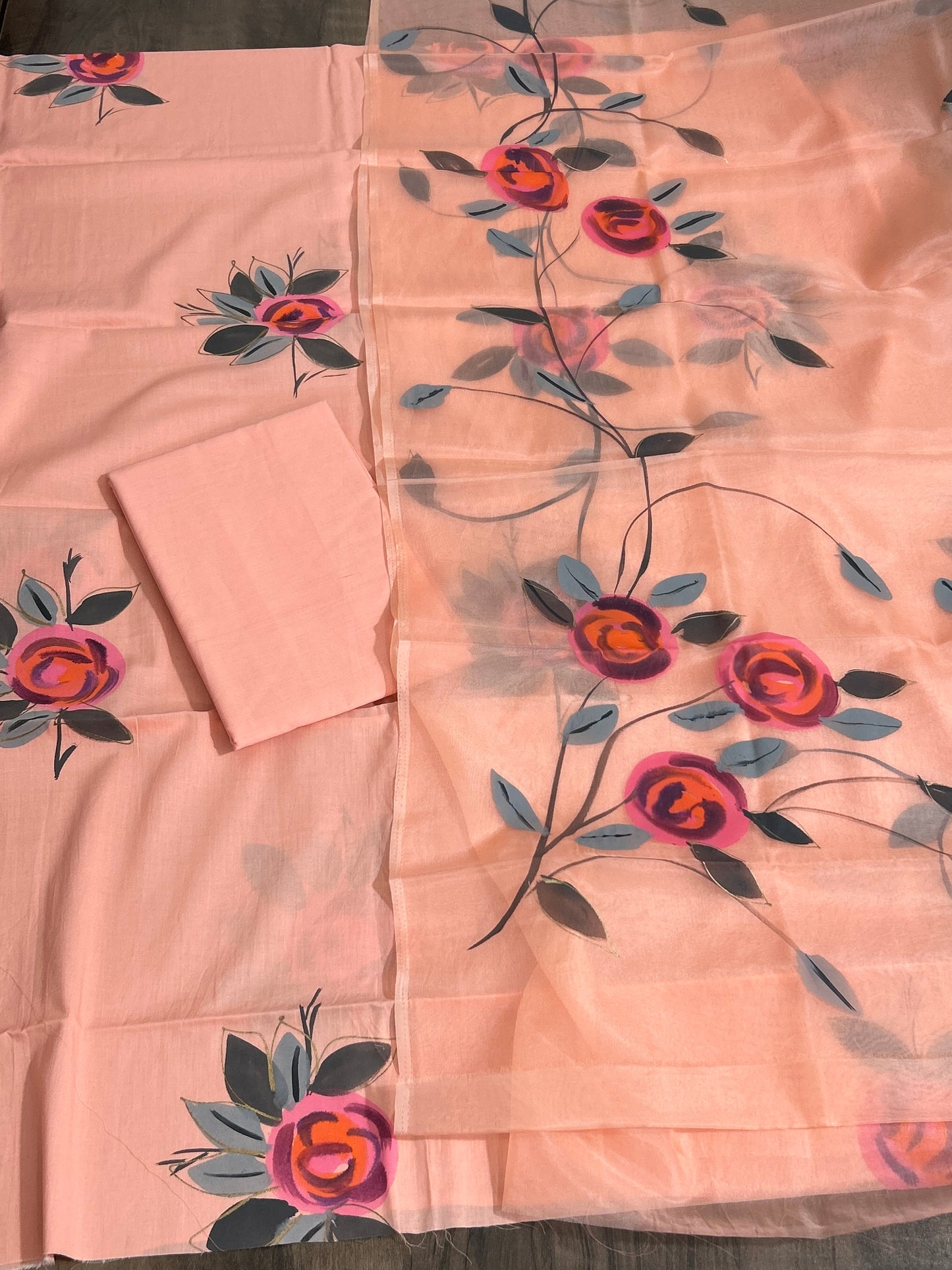 Hand Painted Cotton Dress Material with Organza Dupatta