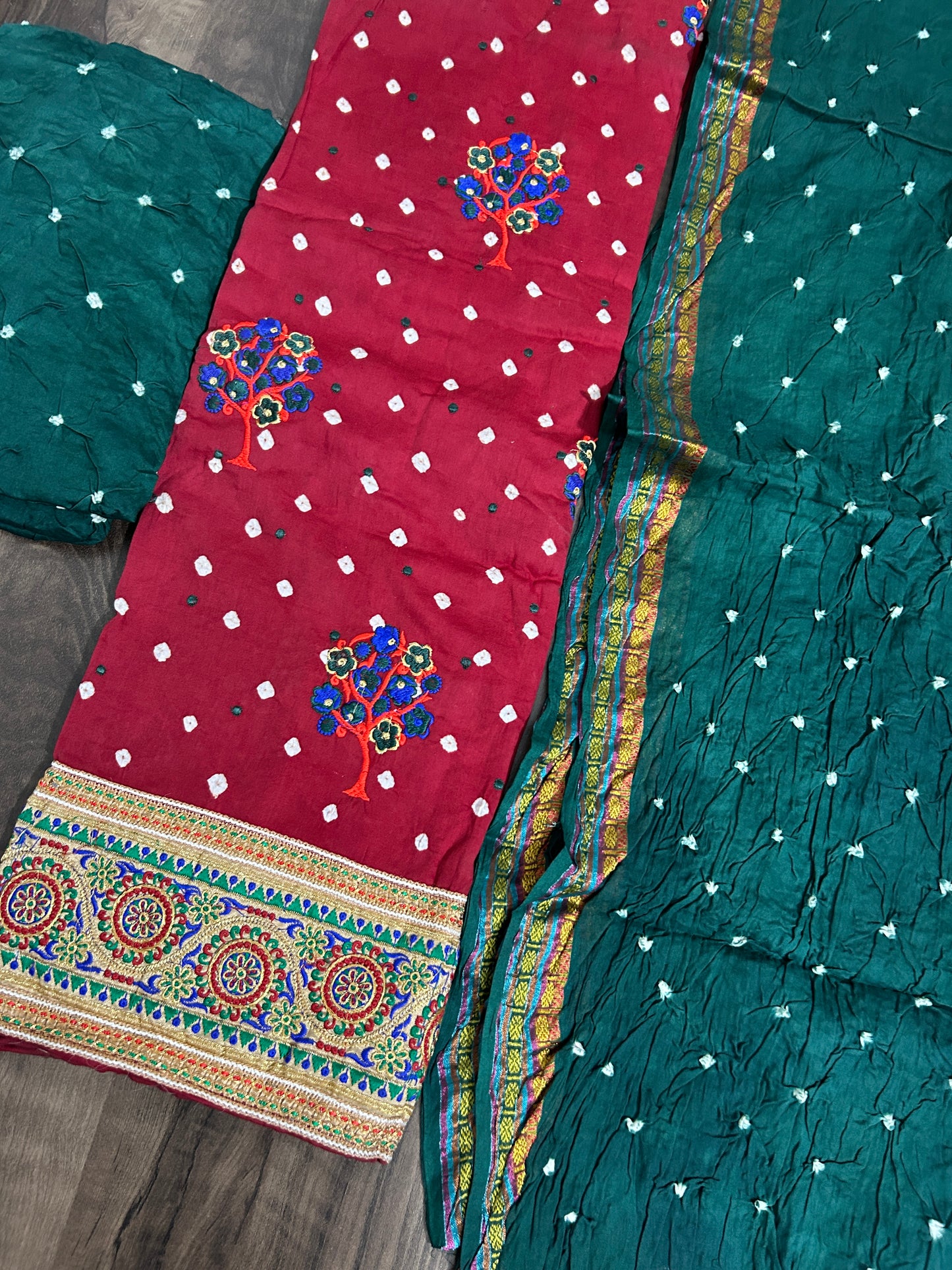 Embroidered Cotton Bandhej Dress Material