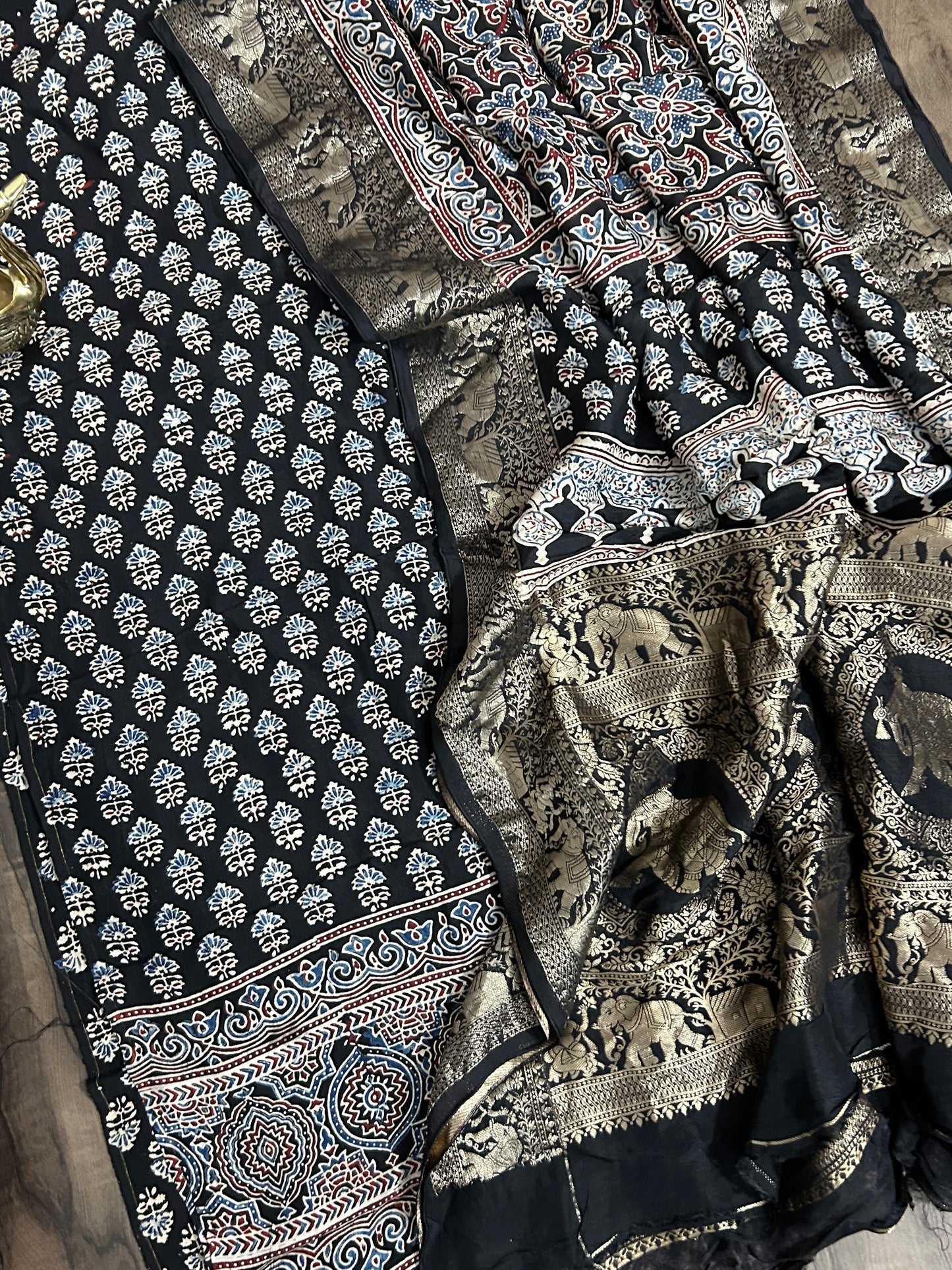 Ajrakh Dola Silk Dress Material wth Banarasee Border Dupatta