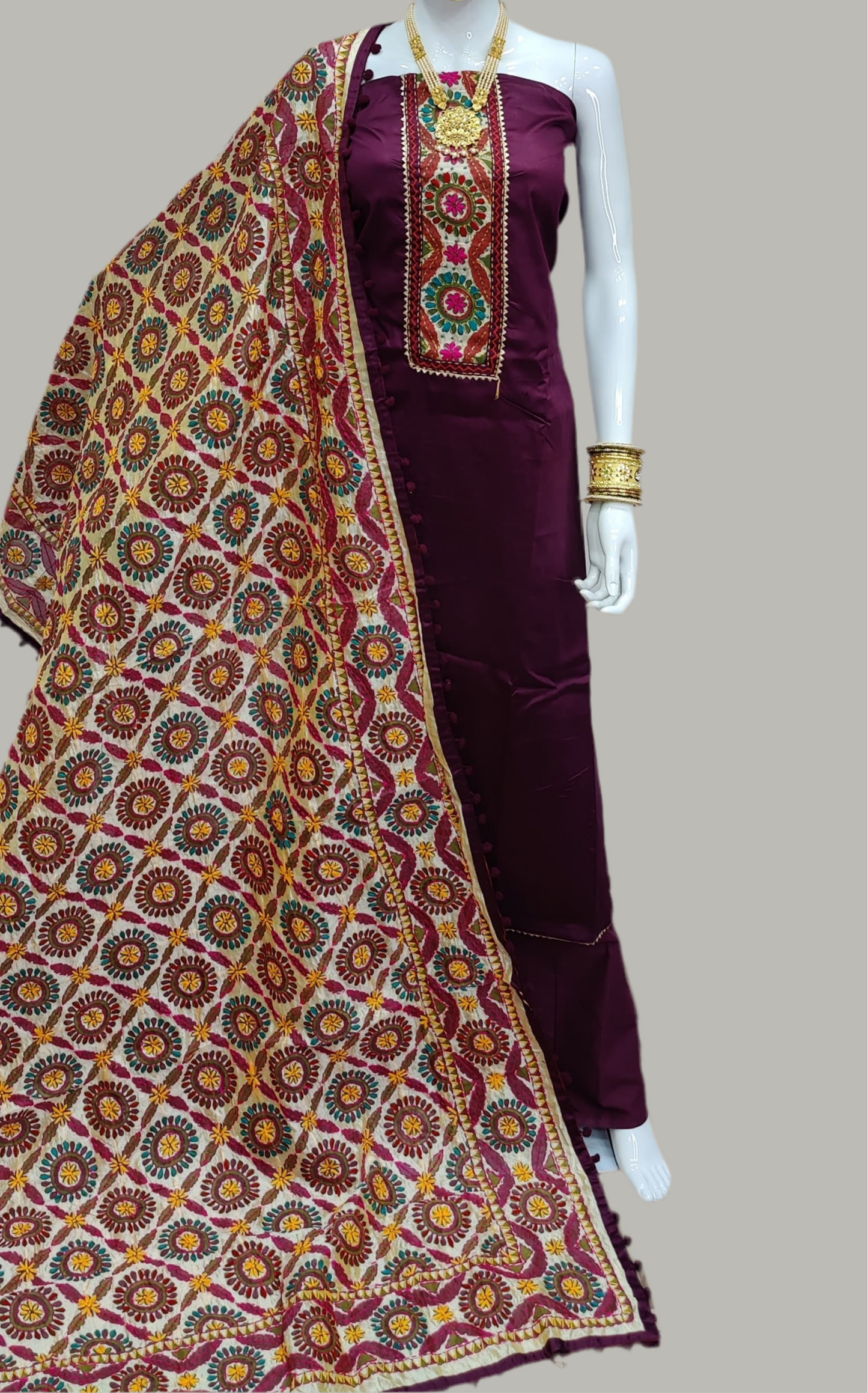 Cotton Dress Material with Phulkari Chanderi Dupatta