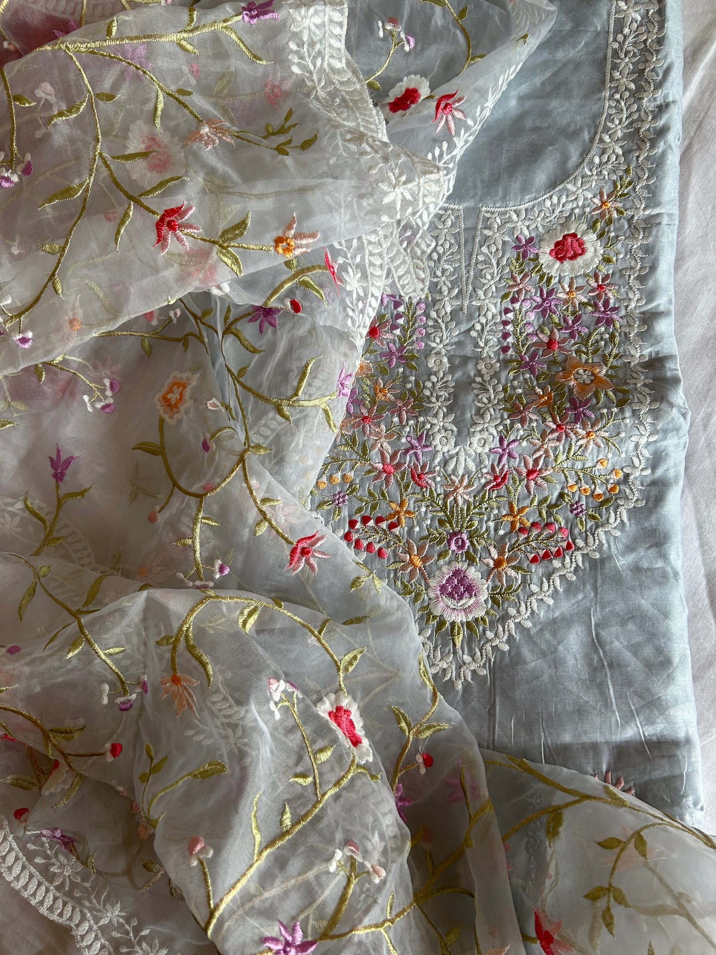 Cotton Dress Material with Embroidered Organza Dupatta