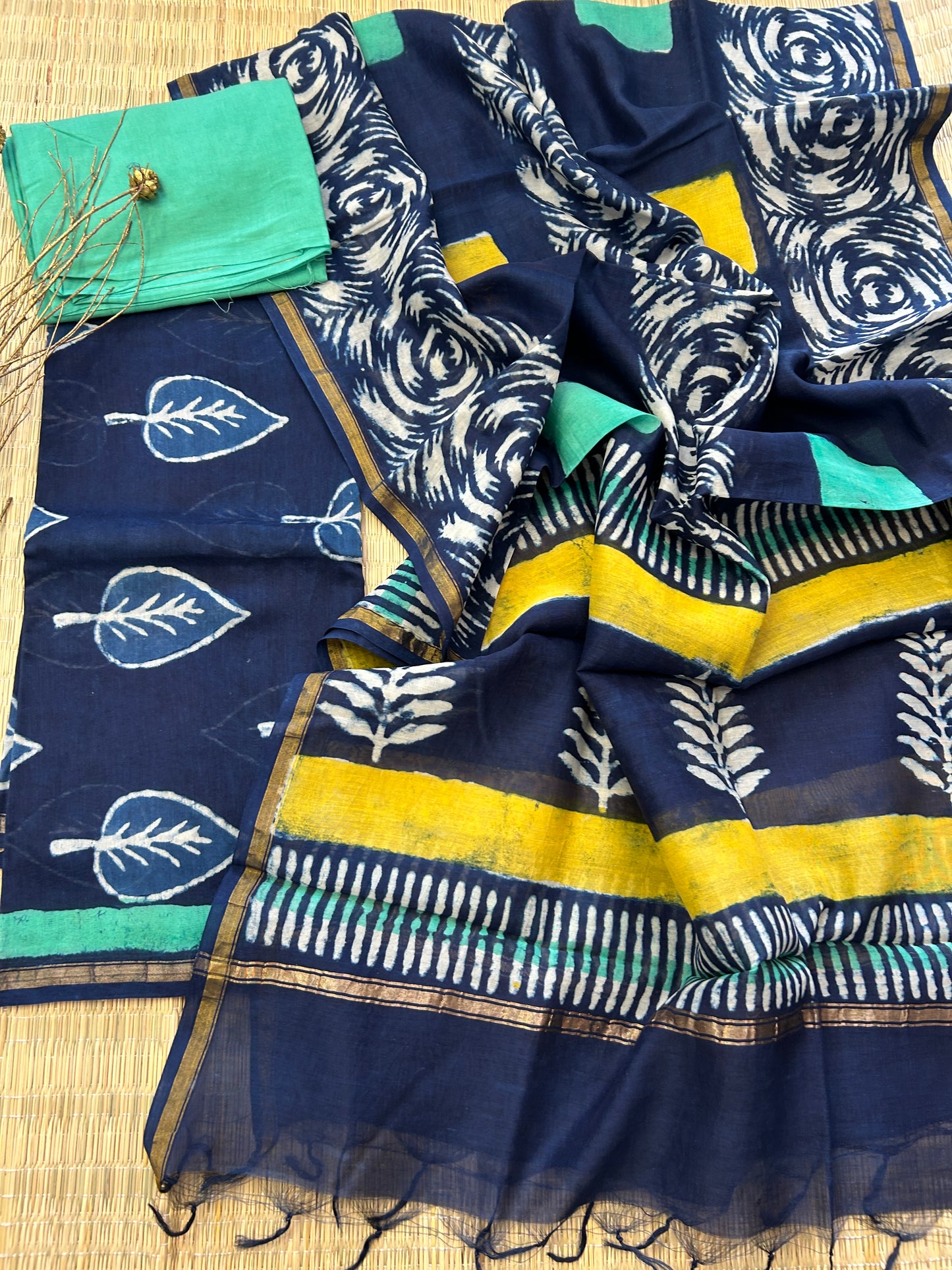 Hand BlockPrint Chanderi Silk Cotton Dress Material with Shantoon bottom