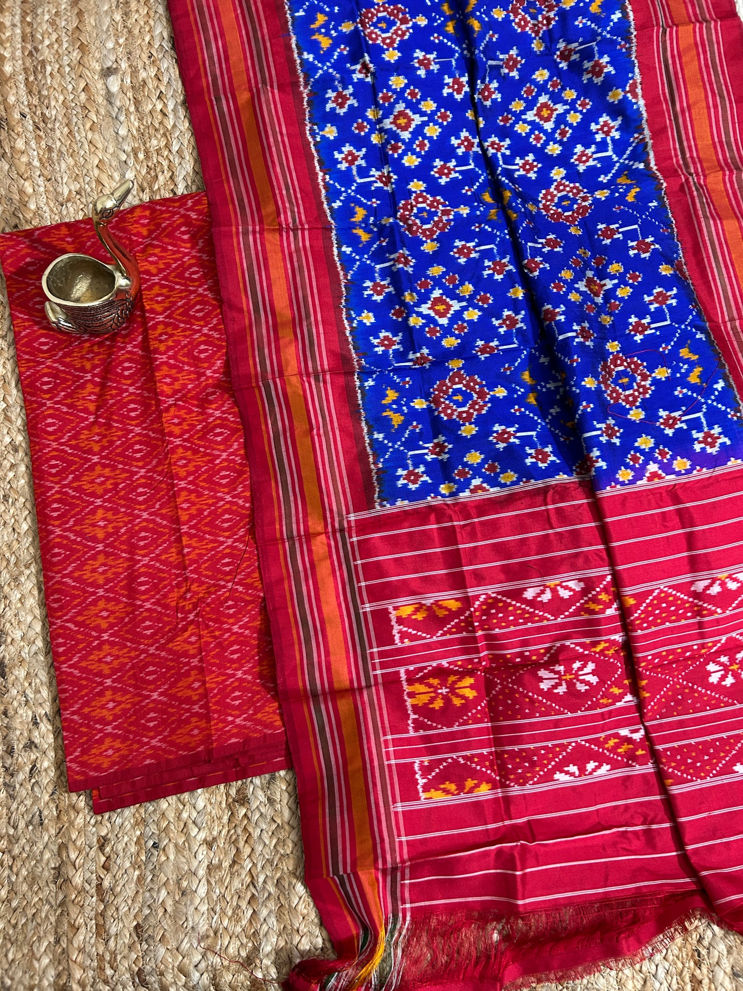 Red Blue Pochampally Pure Silk Dress Material