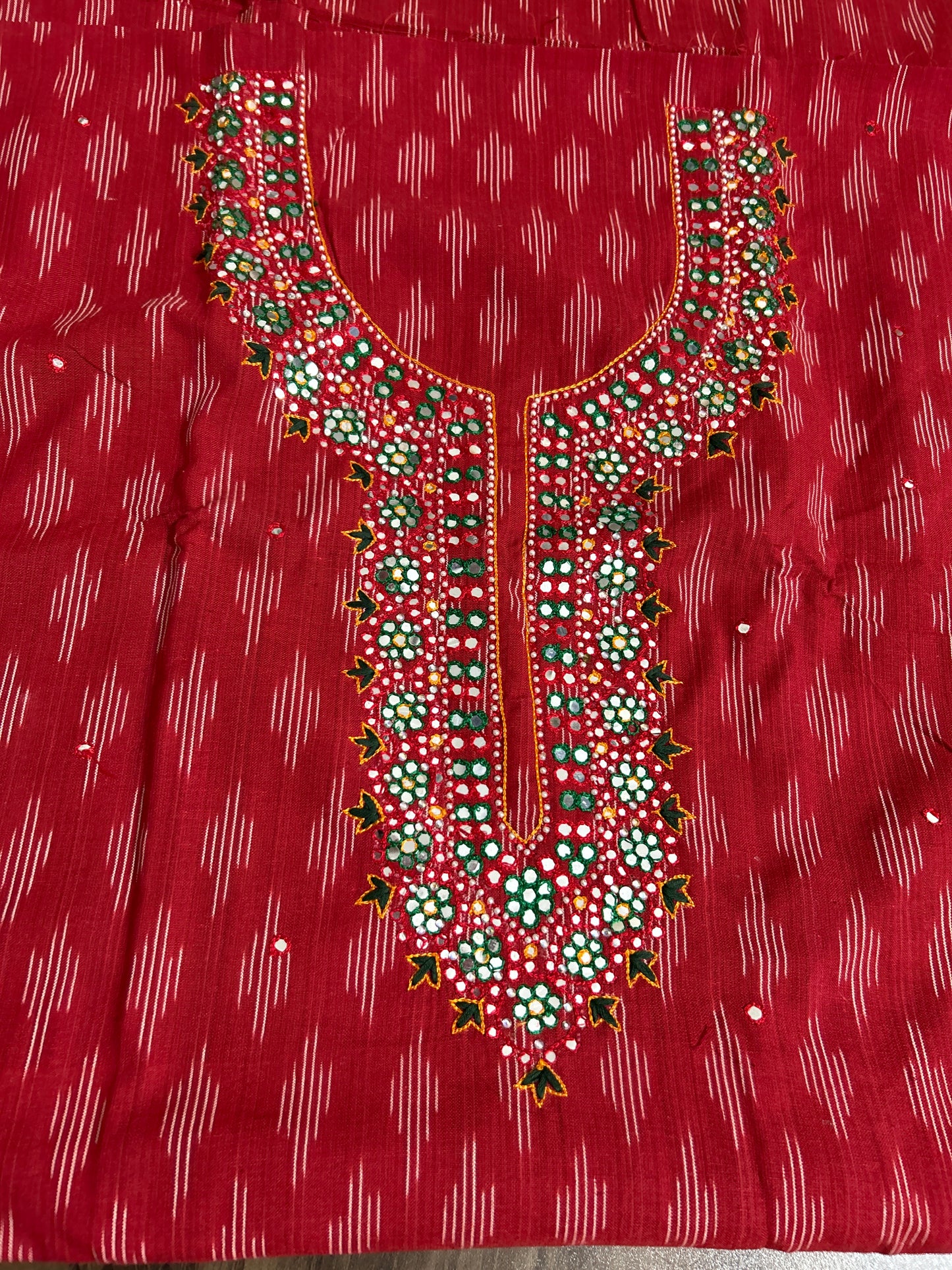 Mirror work Ikat Cotton Dress Material with Pure Chiffon Dupatta