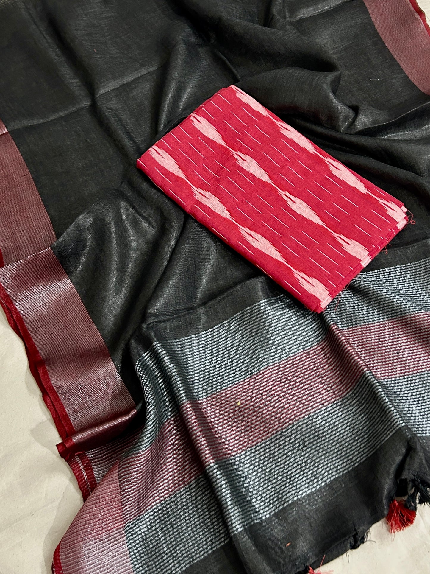 Red Black Ikat Linen Top Dupatta Set