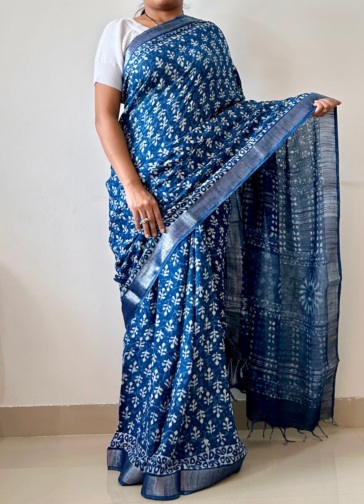 Linen Cotton Hand Block Printed Saree with Silver Border