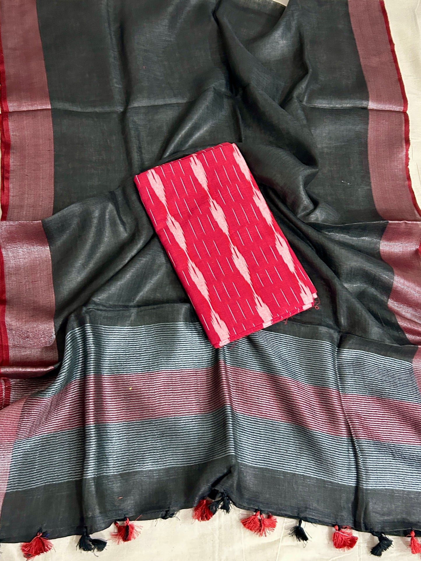 Red Black Ikat Linen Top Dupatta Set
