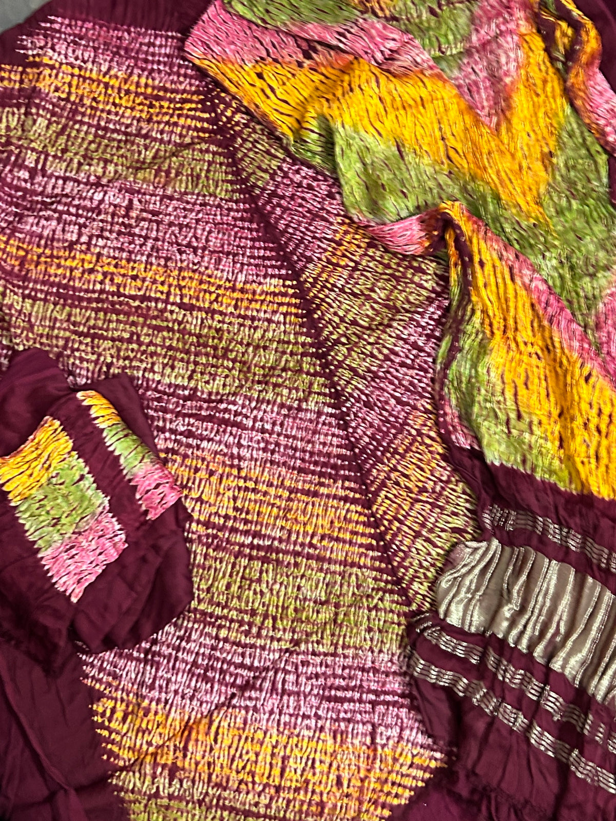 Maroon Multi Coloured Shibori Modal Silk Dress Material