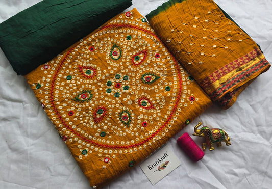 Bandhej HandWork Cotton Dress Material with Mirror work