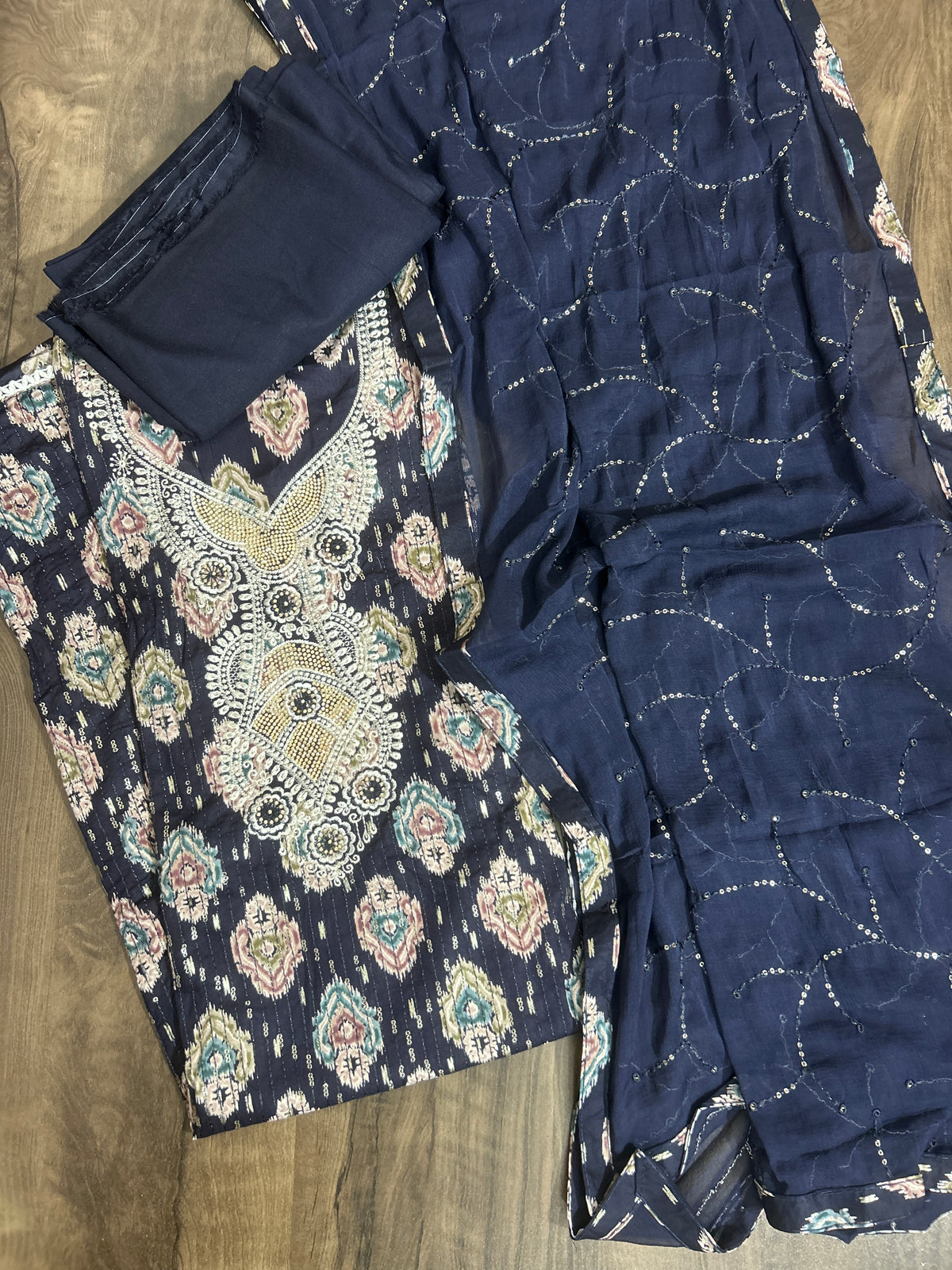Navy Blue Embroidered Cotton Dress Material with Chiffon Dupatta 