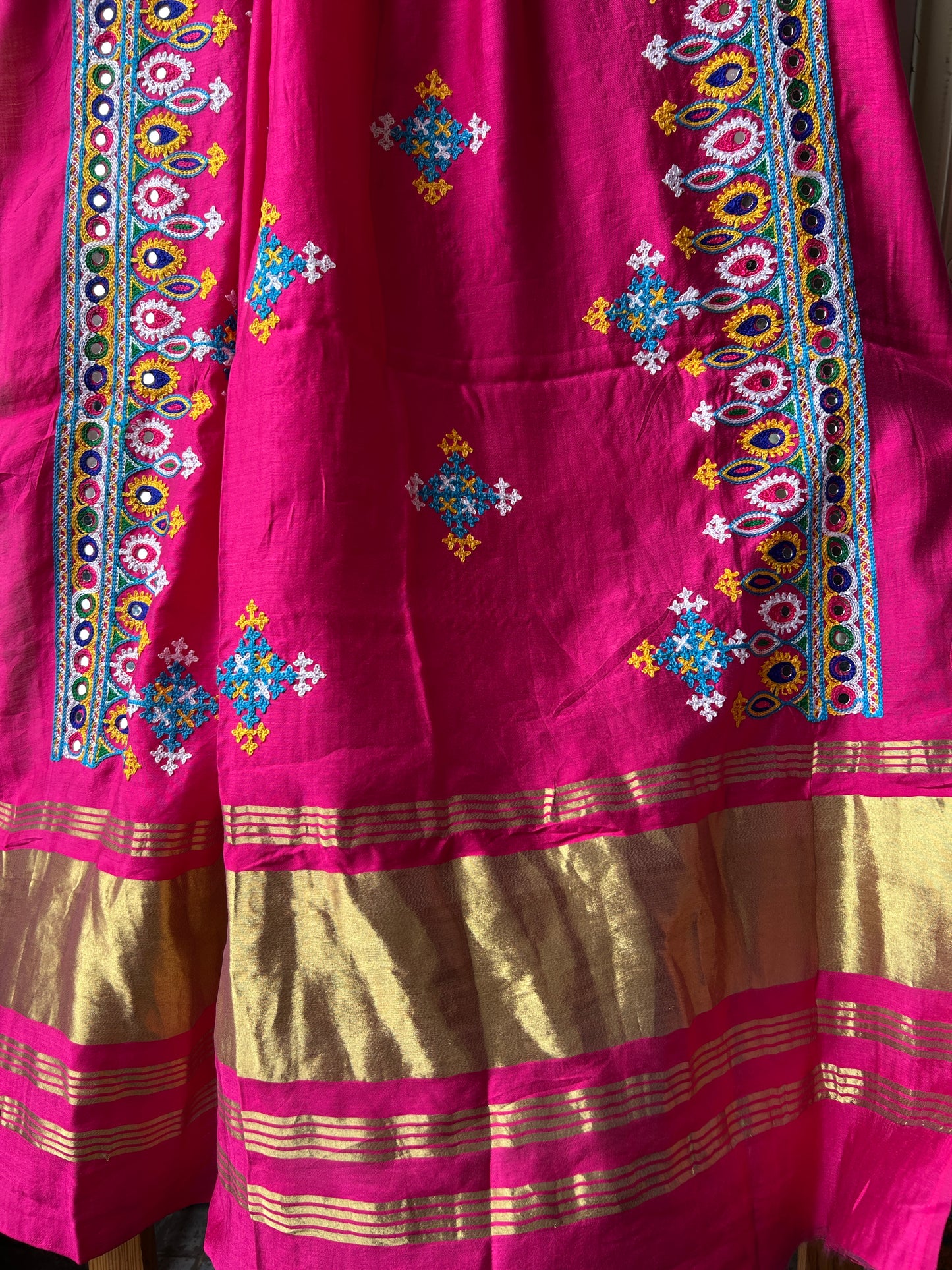 Pink Semi Modal Mirror Work and Kutchh Work Dupatta with lagdi patta