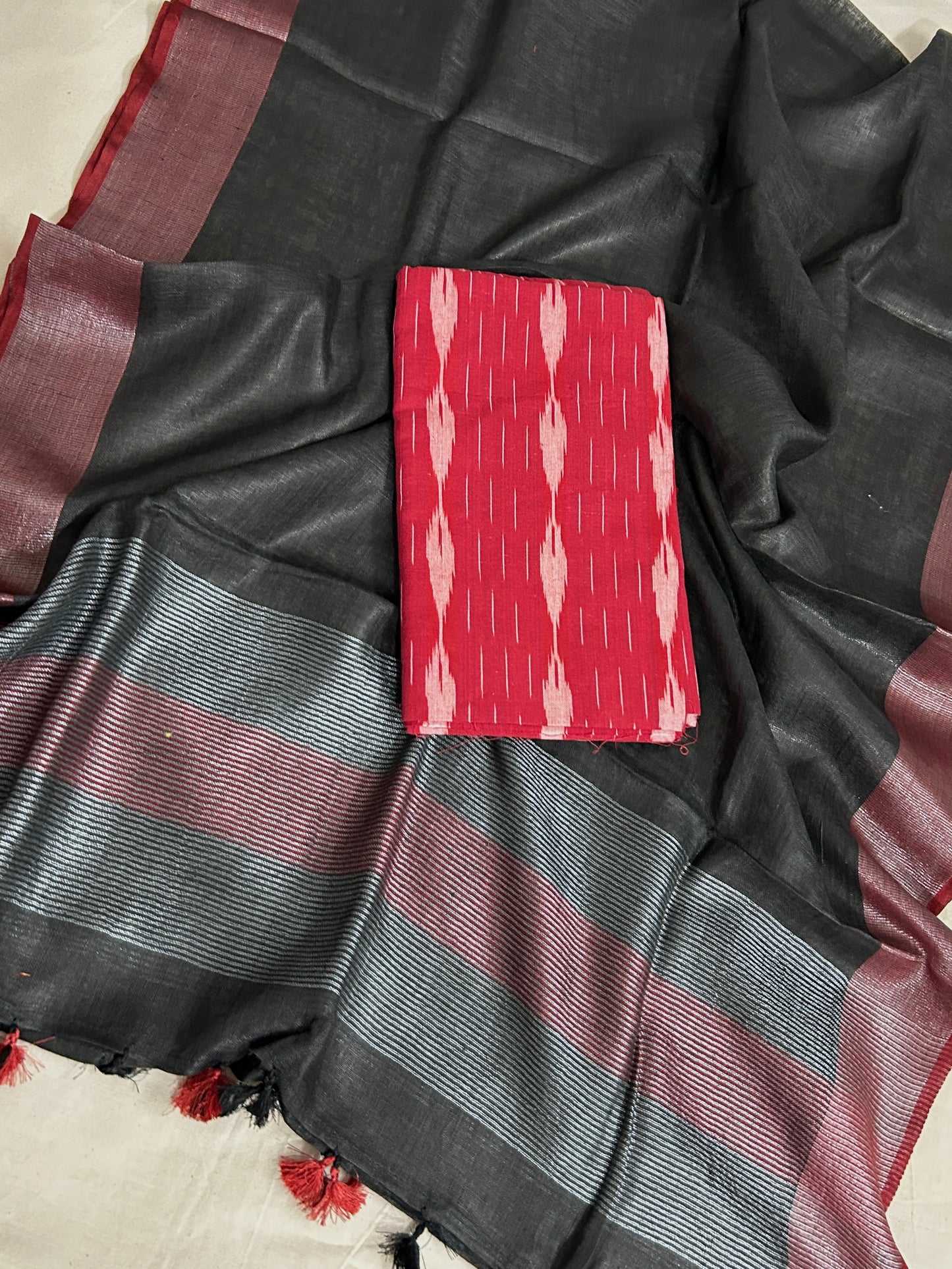 Red Black Ikat Linen Top Dupatta Set