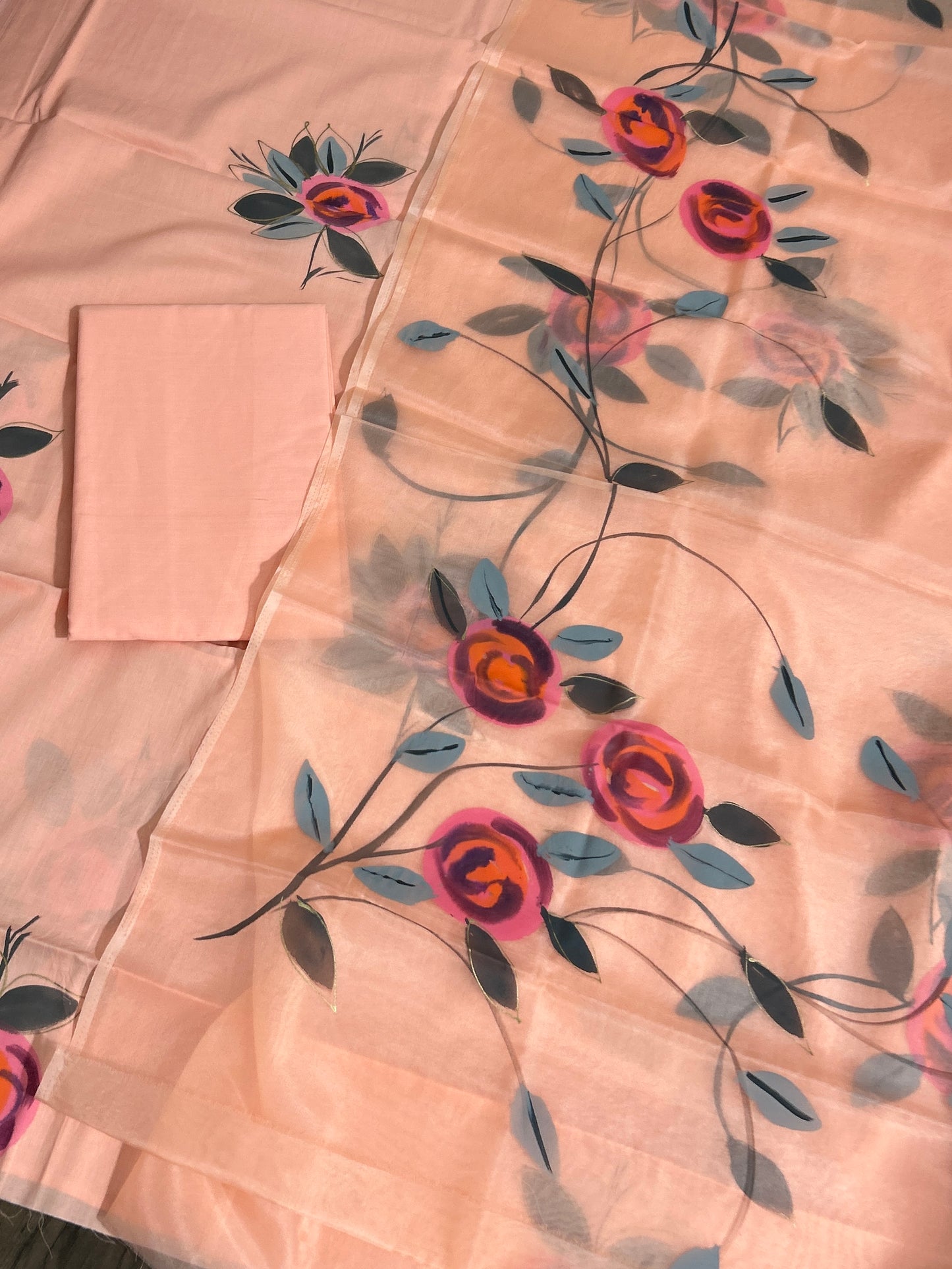 Hand Painted Cotton Dress Material with Organza Dupatta