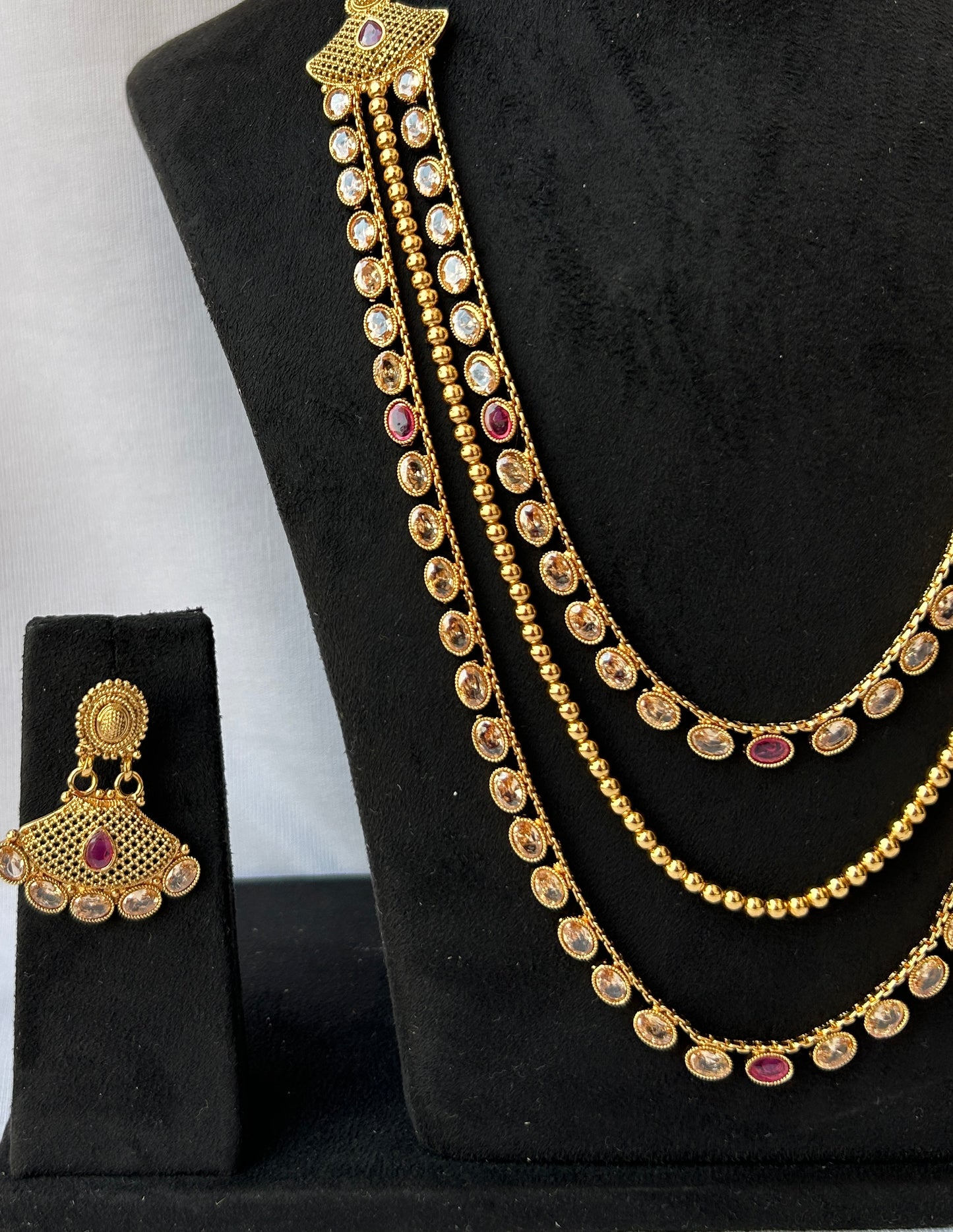 Long 3 layers Necklace with Earrings in Gold Finish - Code- GOLD09