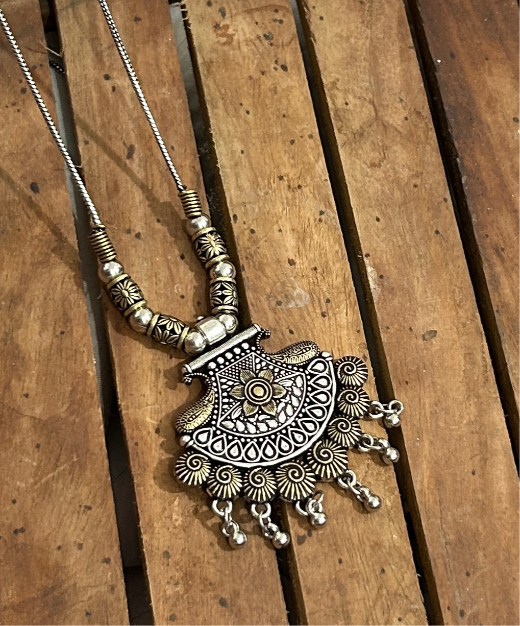 Long German Silver Oxidized Dualtone Necklace