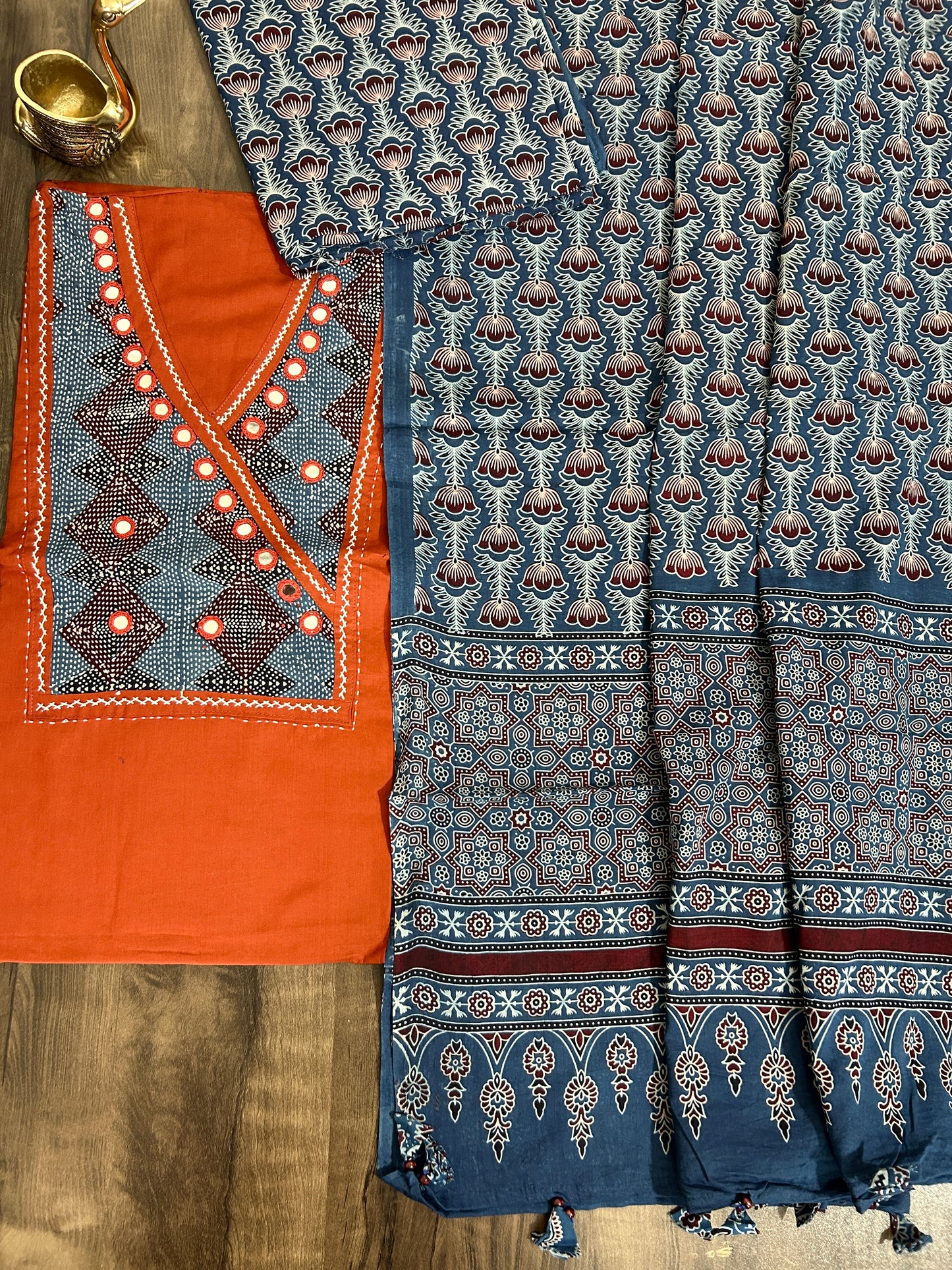 Ajrakh Cotton Dress Material with Original Mirror Work