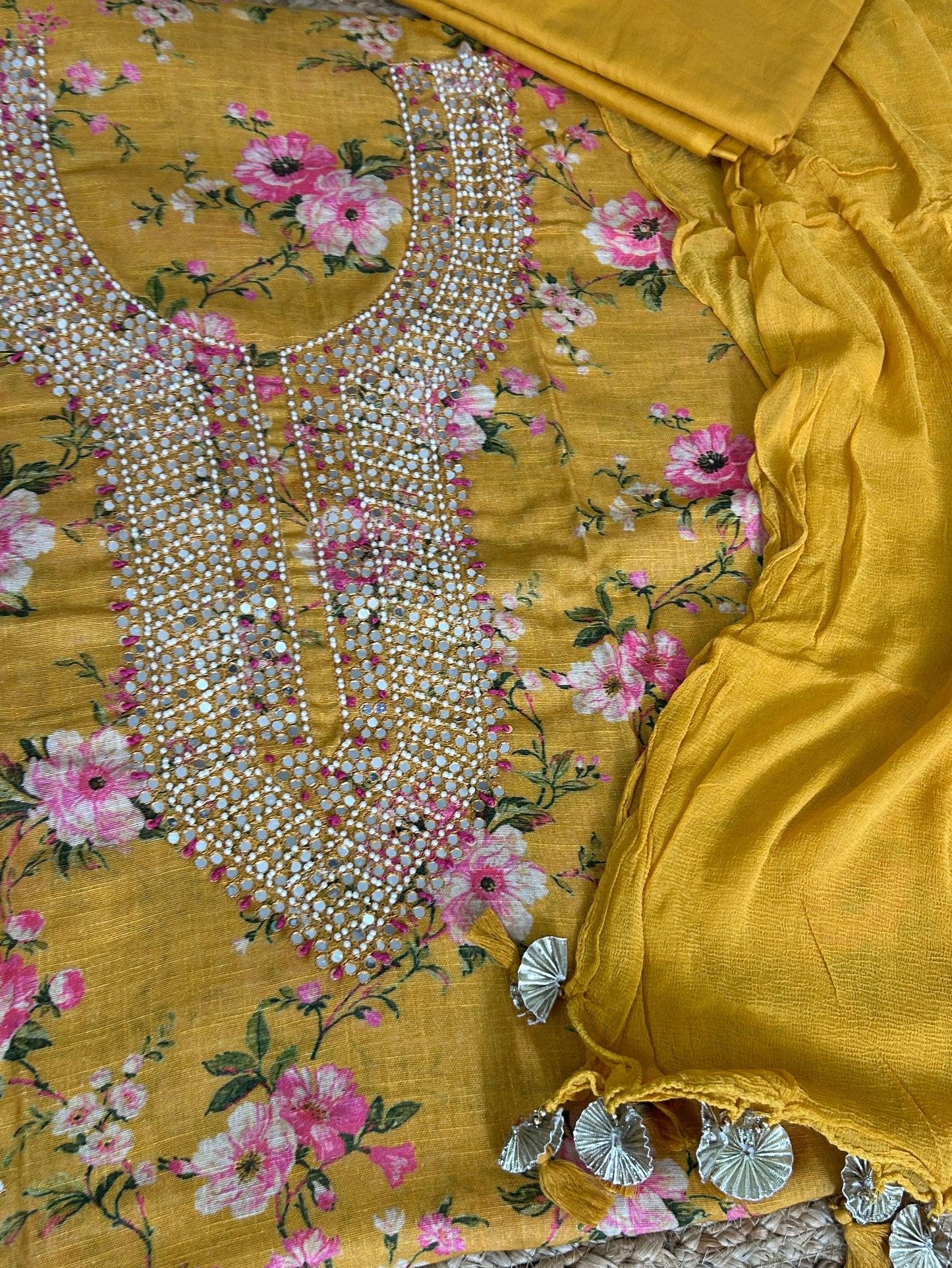 Linen Cotton Floral Print Dress Material with Handwork