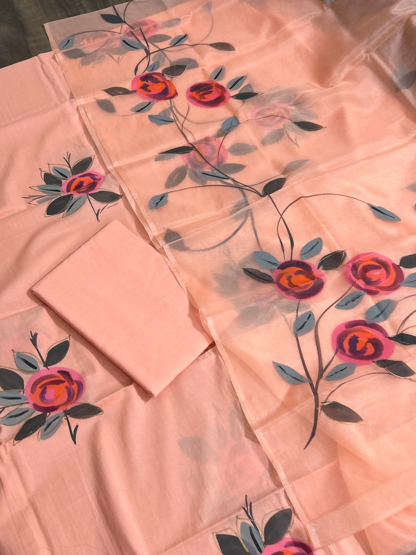 Hand Painted Cotton Dress Material with Organza Dupatta
