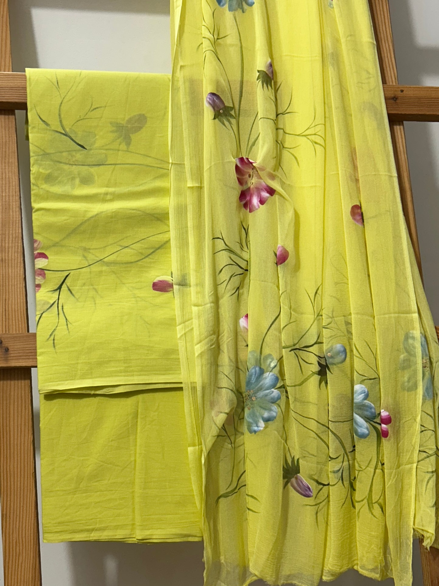 Hand Painted Cotton Dress material with Chiffon Dupatta *