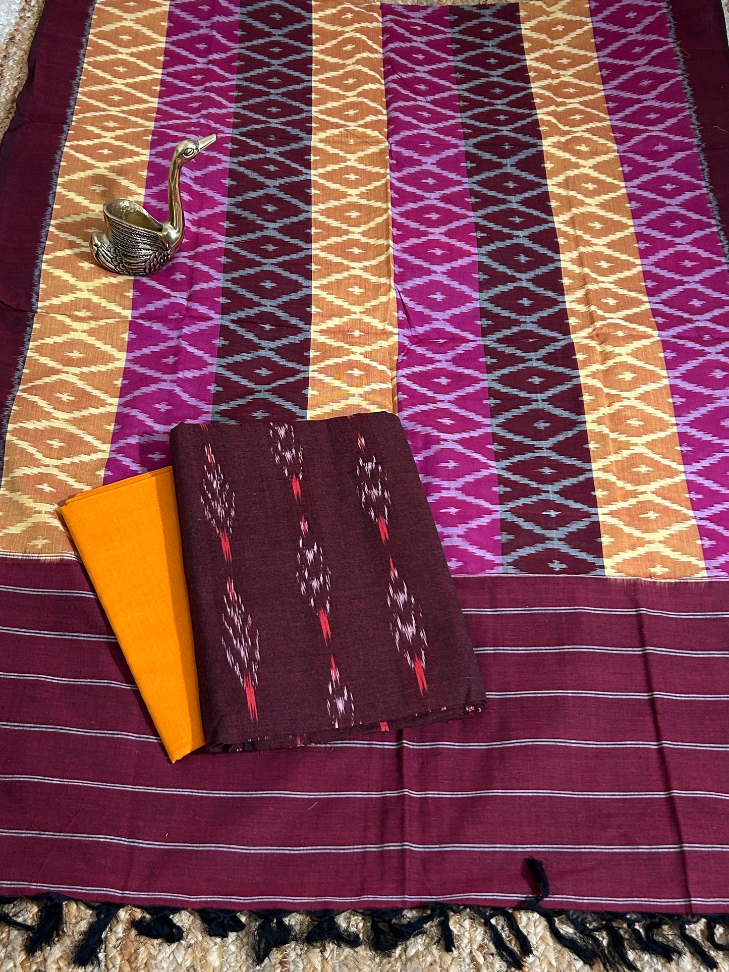 Brown Double Ikat Cotton Dress Material