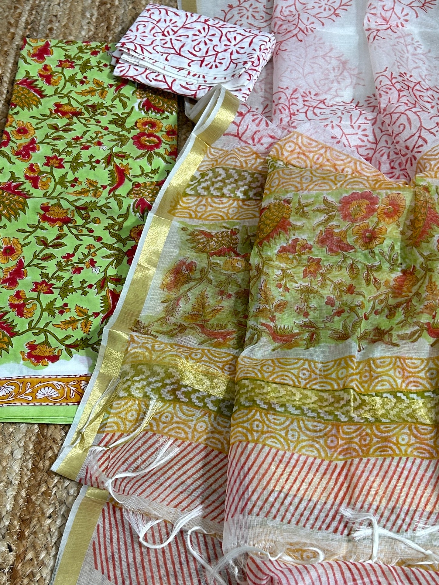 Hand BlockPrint Cotton Dress Material with Organza Dupatta *