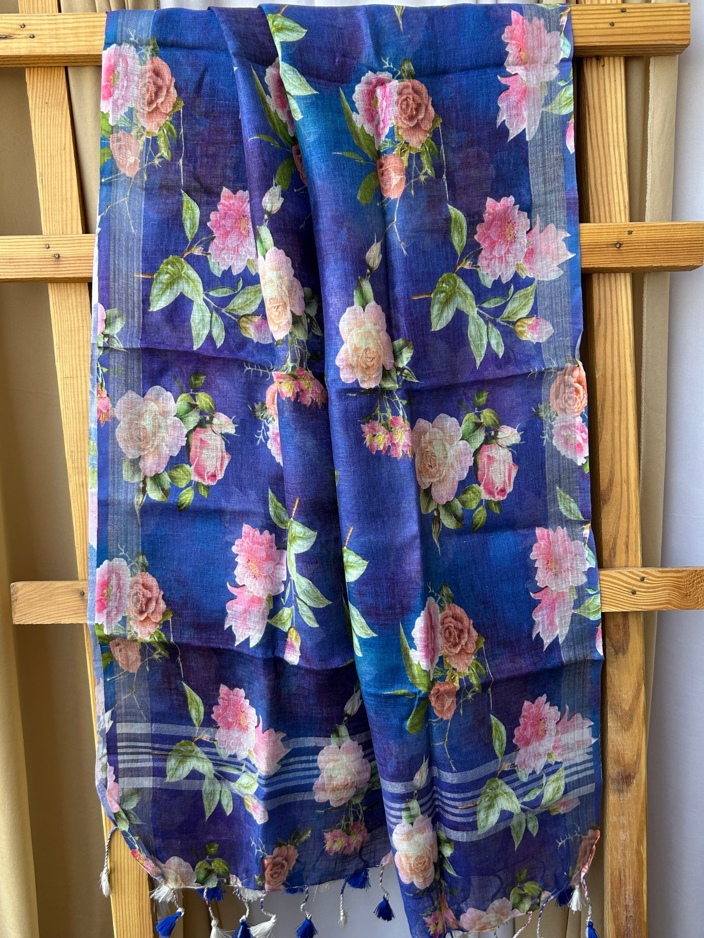 Pure Linen Digital Print Dupatta with Silver Border and Tassles