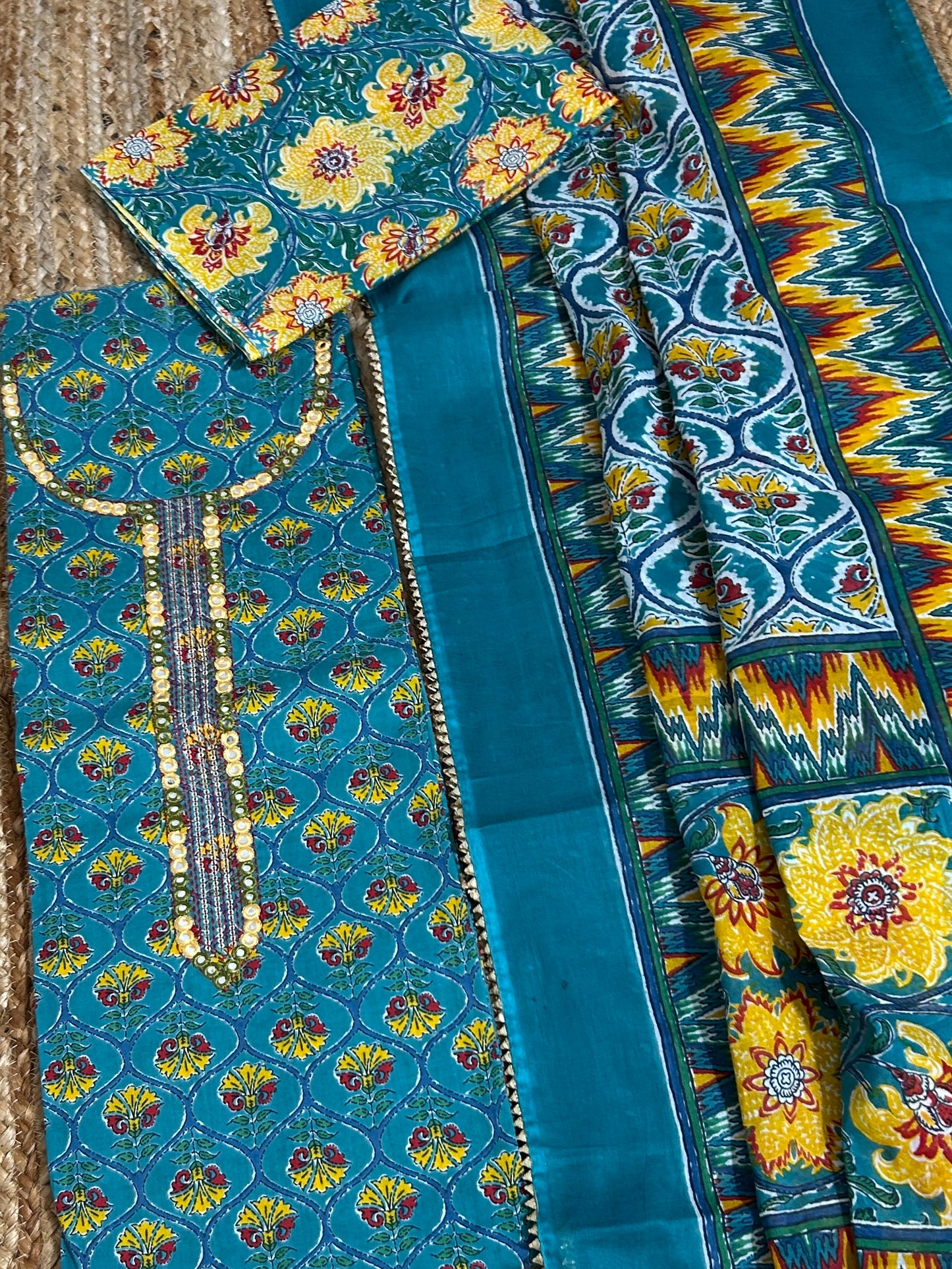 Hand BlockPrint Cotton Embroidered Dress Material with Cotton Dupatta *