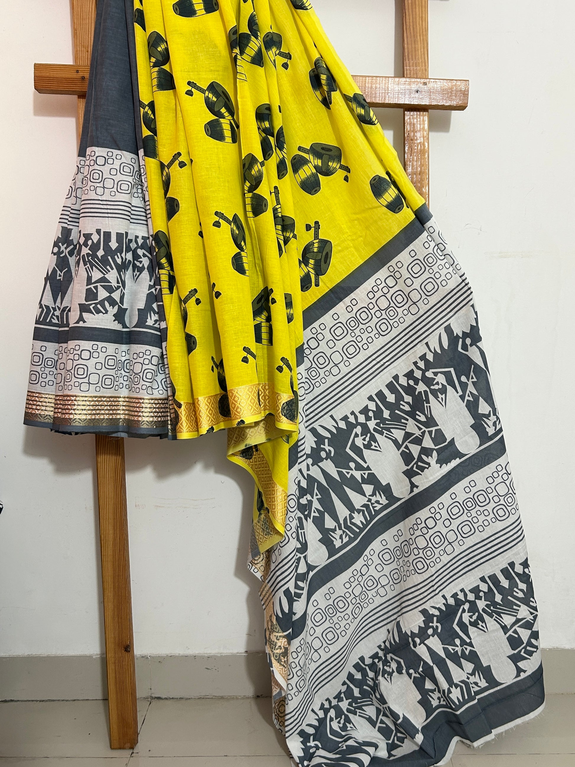 Hand Blockprint Half and Half Cotton Saree with Maheshwari border