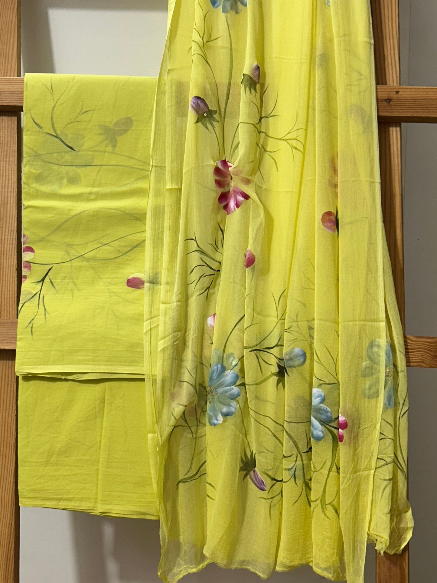 Hand Painted Cotton Dress material with Chiffon Dupatta *