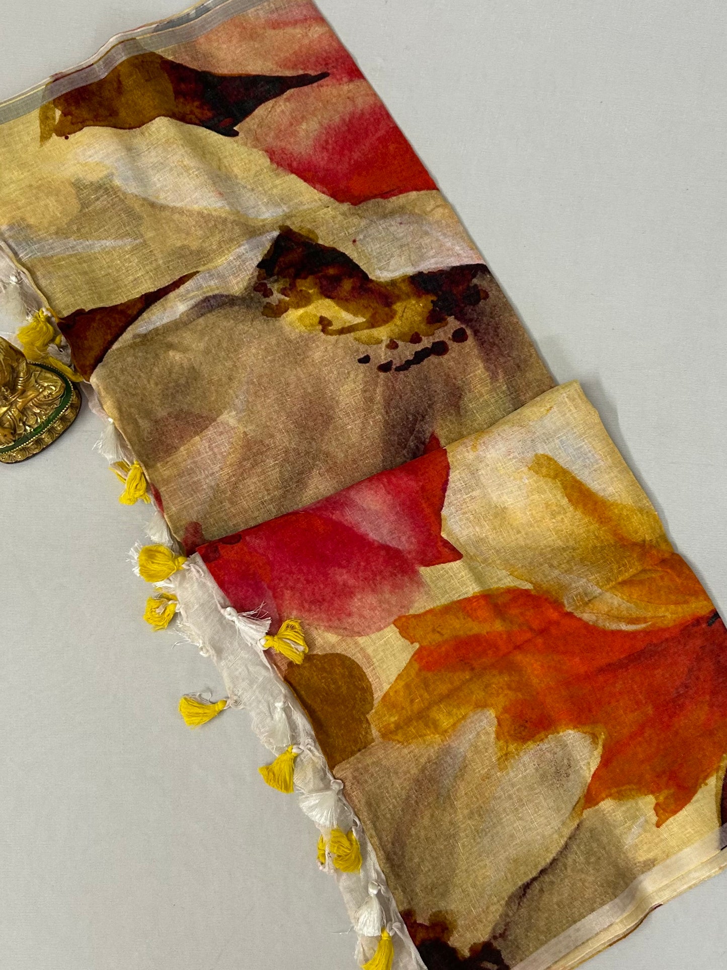 Pure Linen Digital Print Dupatta with Silver Border and Tassles *