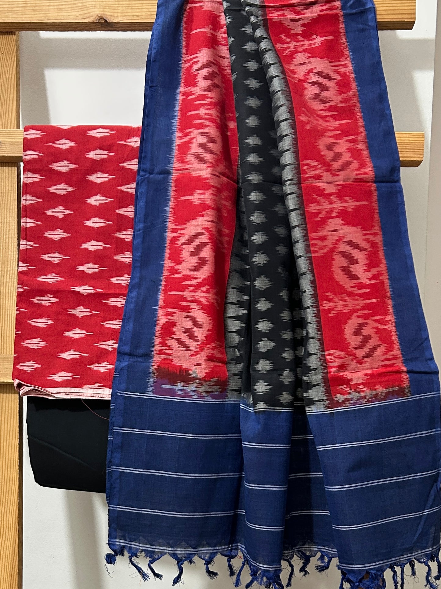 Red Blue Double Ikat Cotton Dress Material