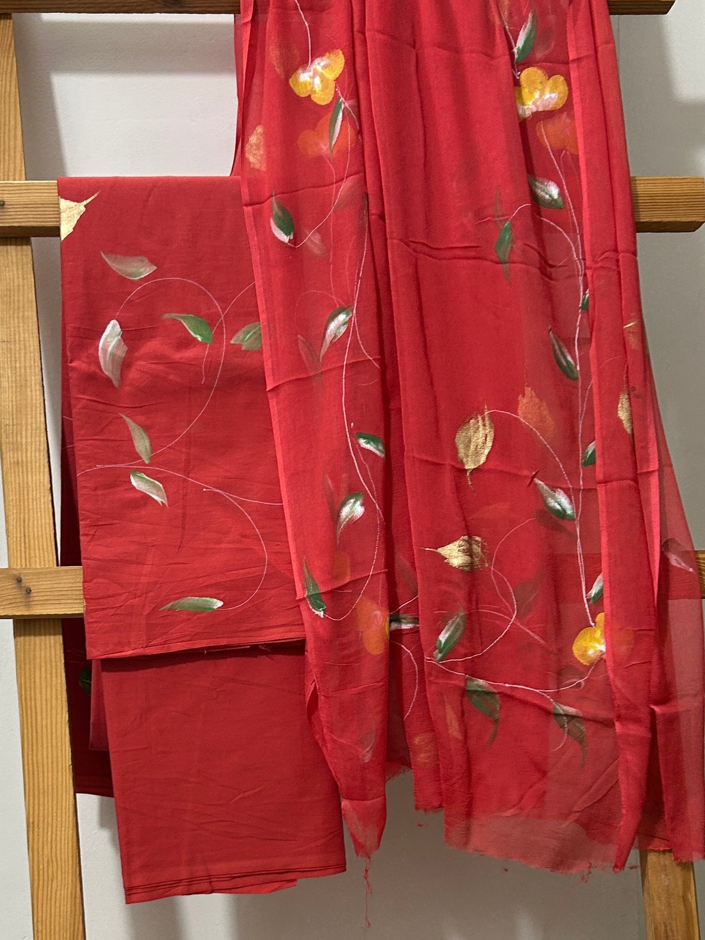 Hand Painted Cotton Dress material with Chiffon Dupatta *