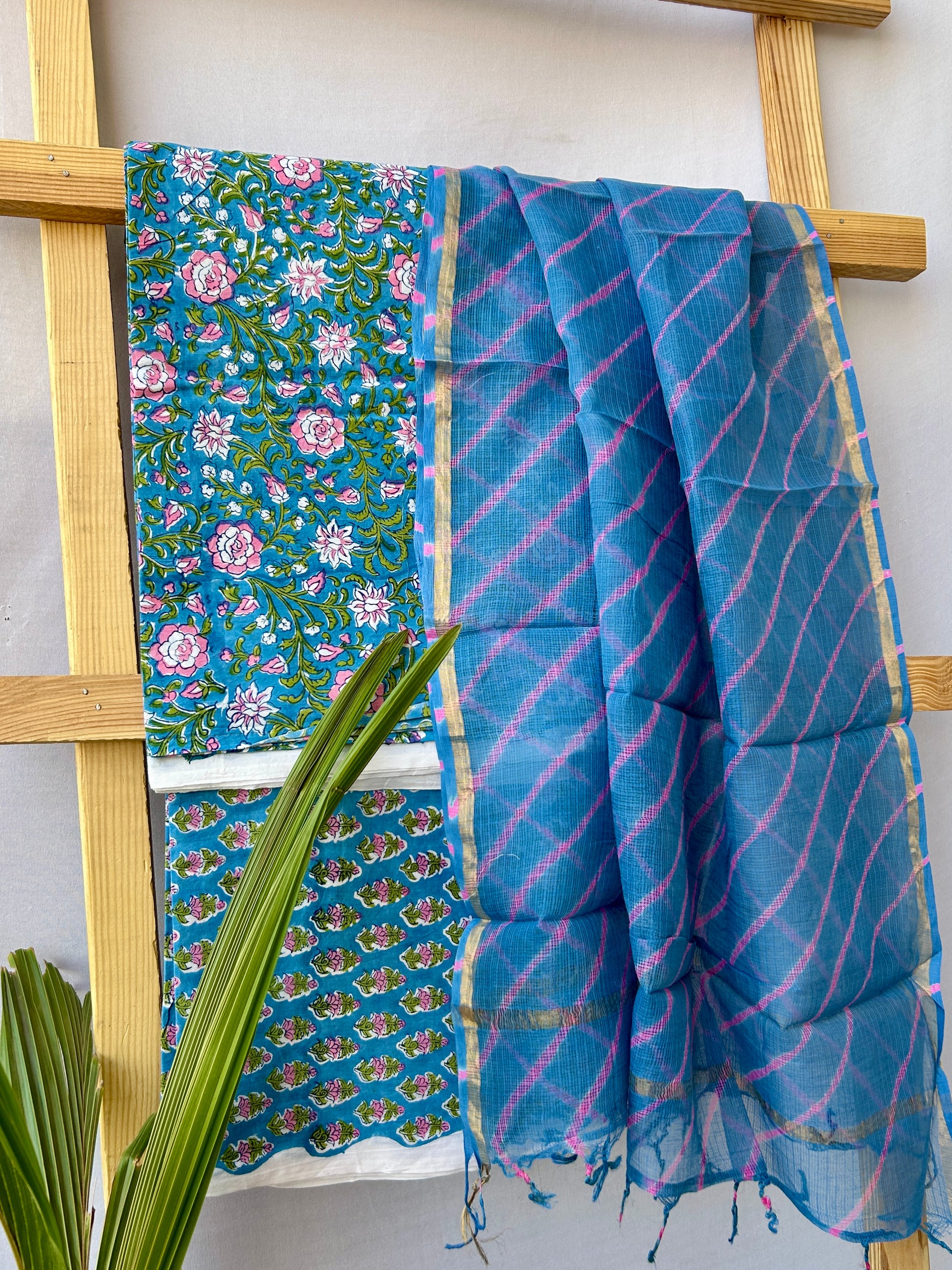 Cotton Hand BlockPrint Dress Material with Lehariya Kota Dupatta