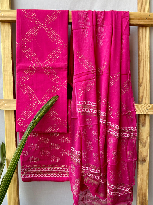 Hand BlockPrinted Cotton Dress Material with Chiffon Dupatta