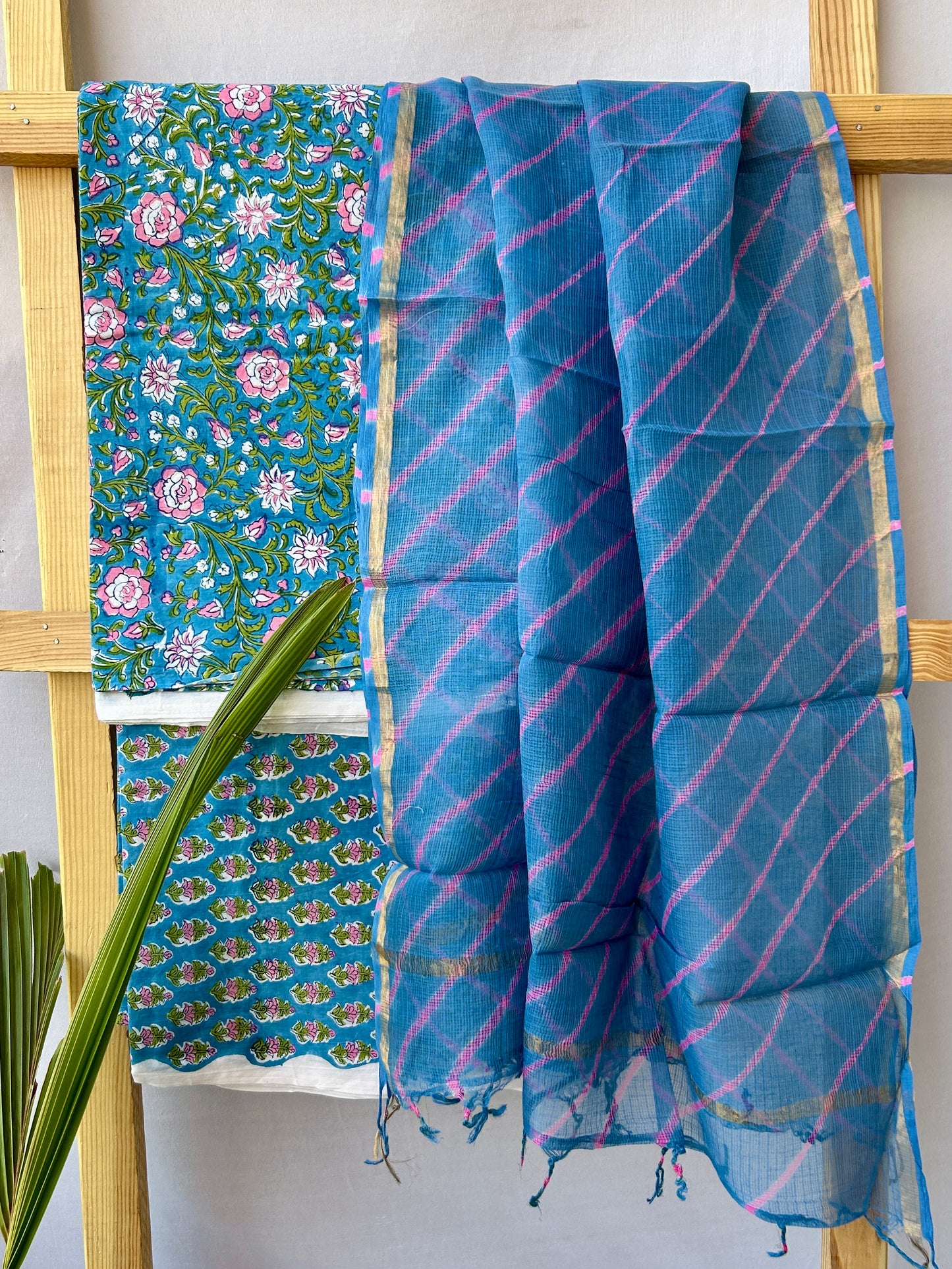 Hand BlockPrint Cotton Dress Material with Lehariya Kota Dupatta *