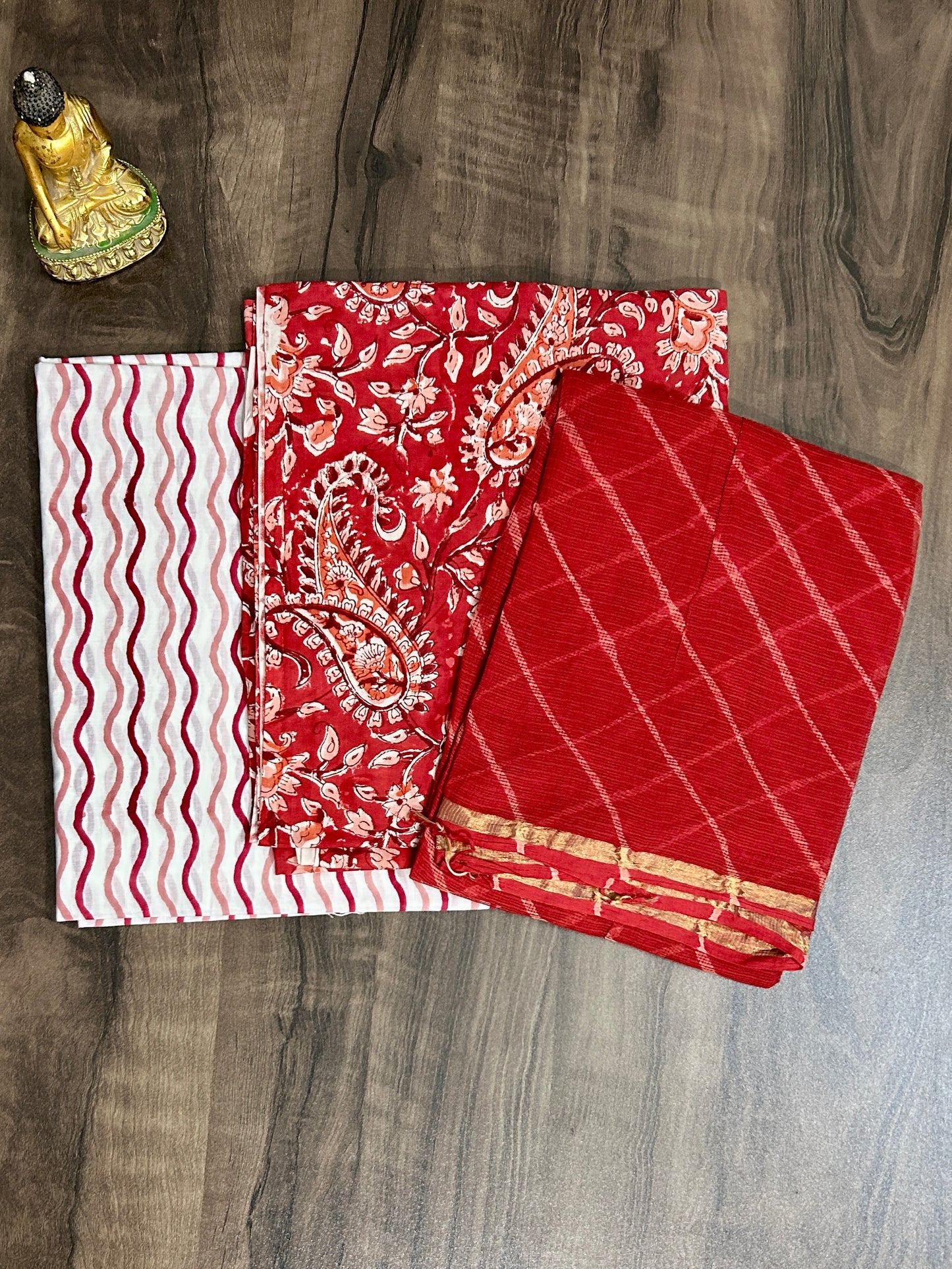 Hand BlockPrint Cotton Dress Material with Lehariya Kota Dupatta