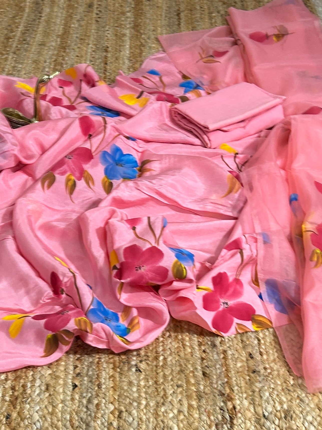 Upada Silk Hand Painted Dress Material with Organza Dupatta