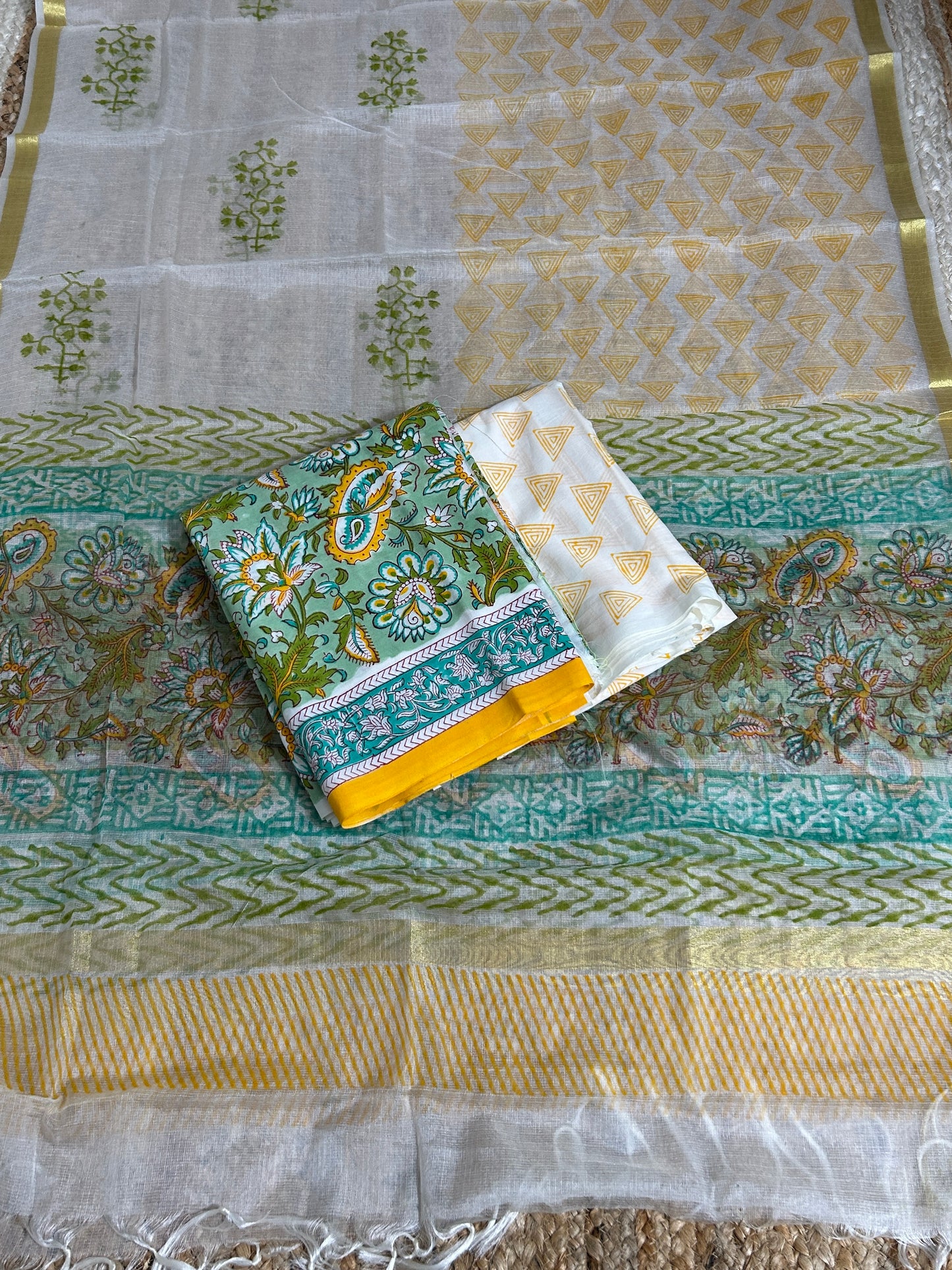 Hand BlockPrint Cotton Dress Material with Organza Dupatta *