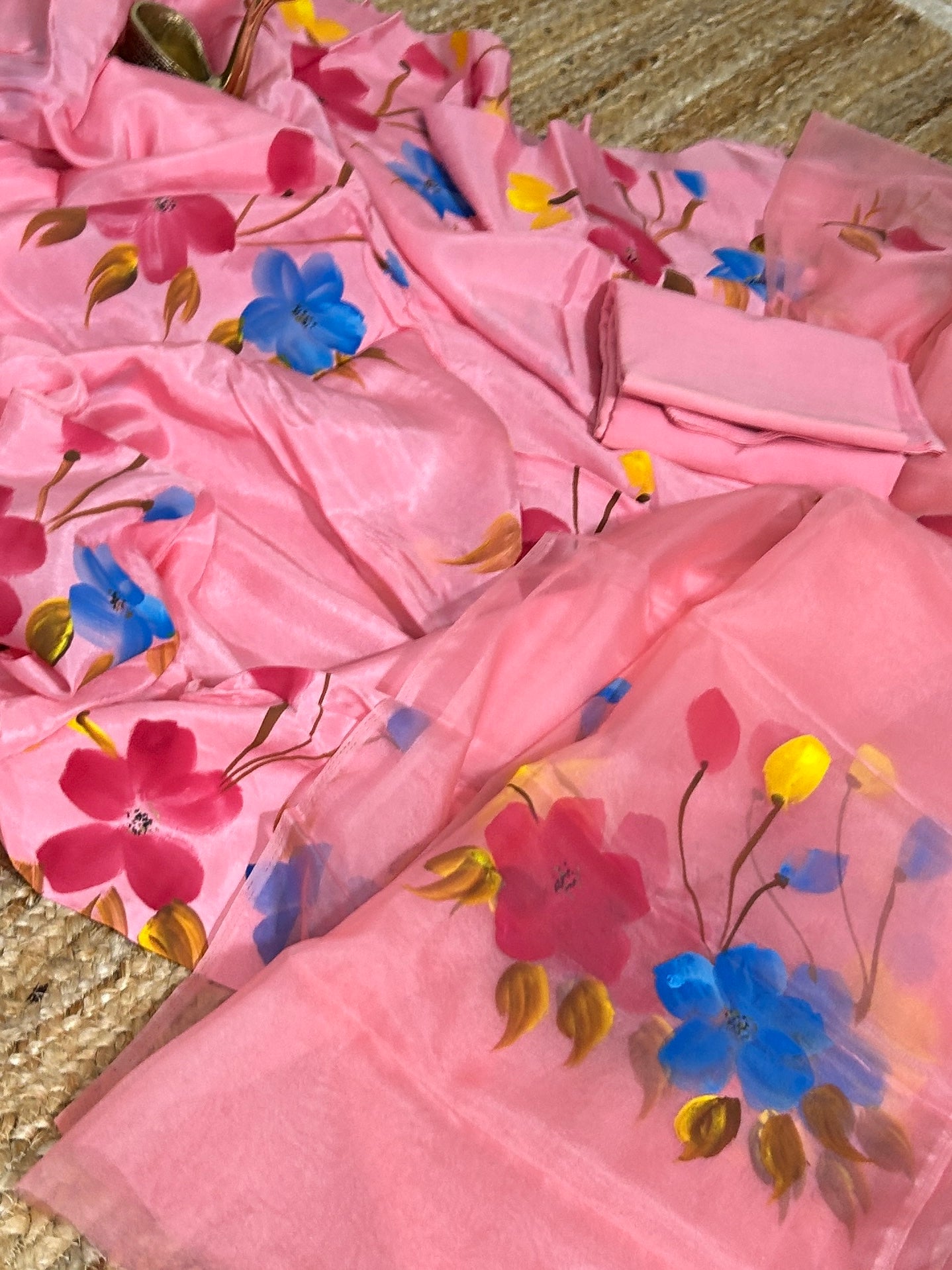 Upada Silk Hand Painted Dress Material with Organza Dupatta
