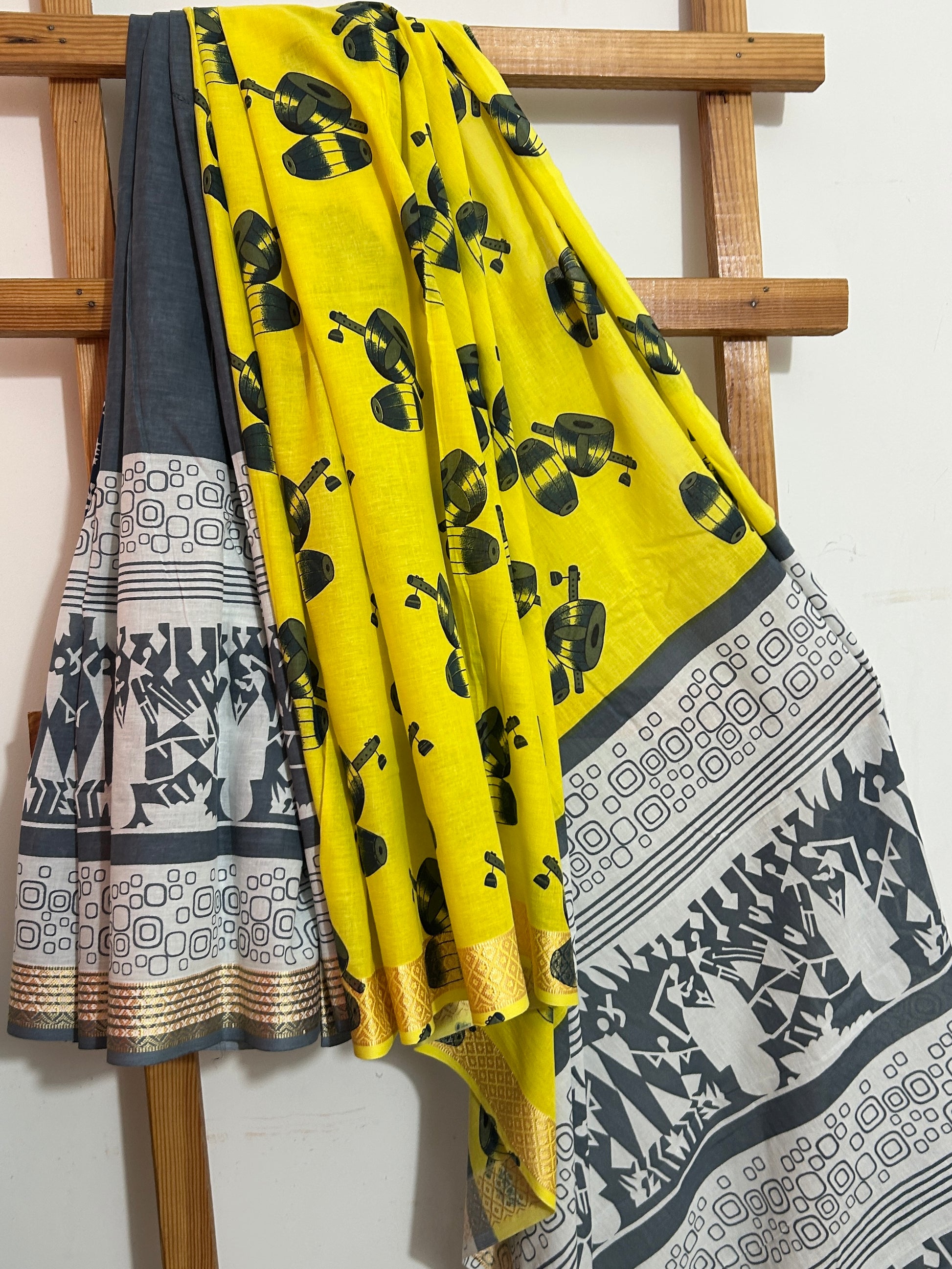 Hand Blockprint Half and Half Cotton Saree with Maheshwari border