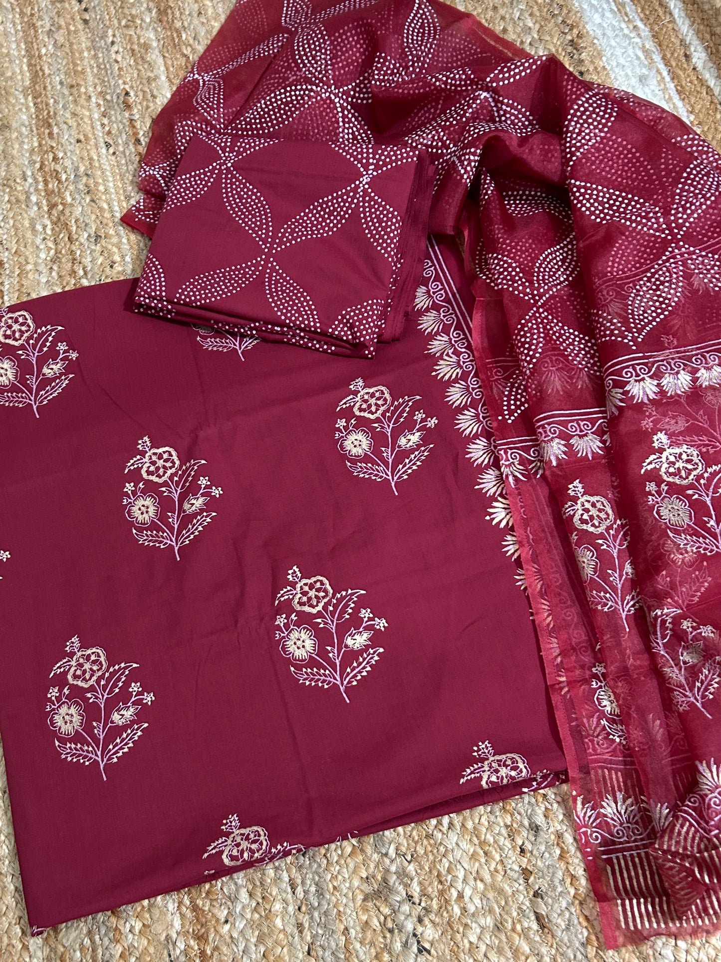 Hand BlockPrint Cotton Dress Material with Organza Dupatta