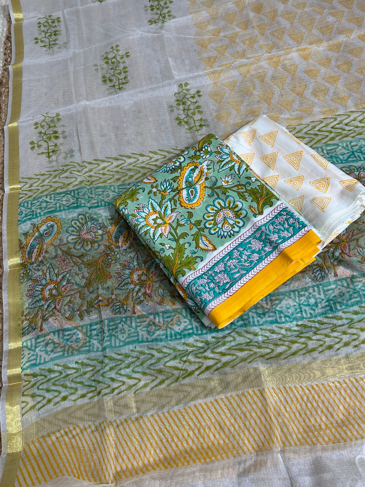 Hand BlockPrint Cotton Dress Material with Organza Dupatta *